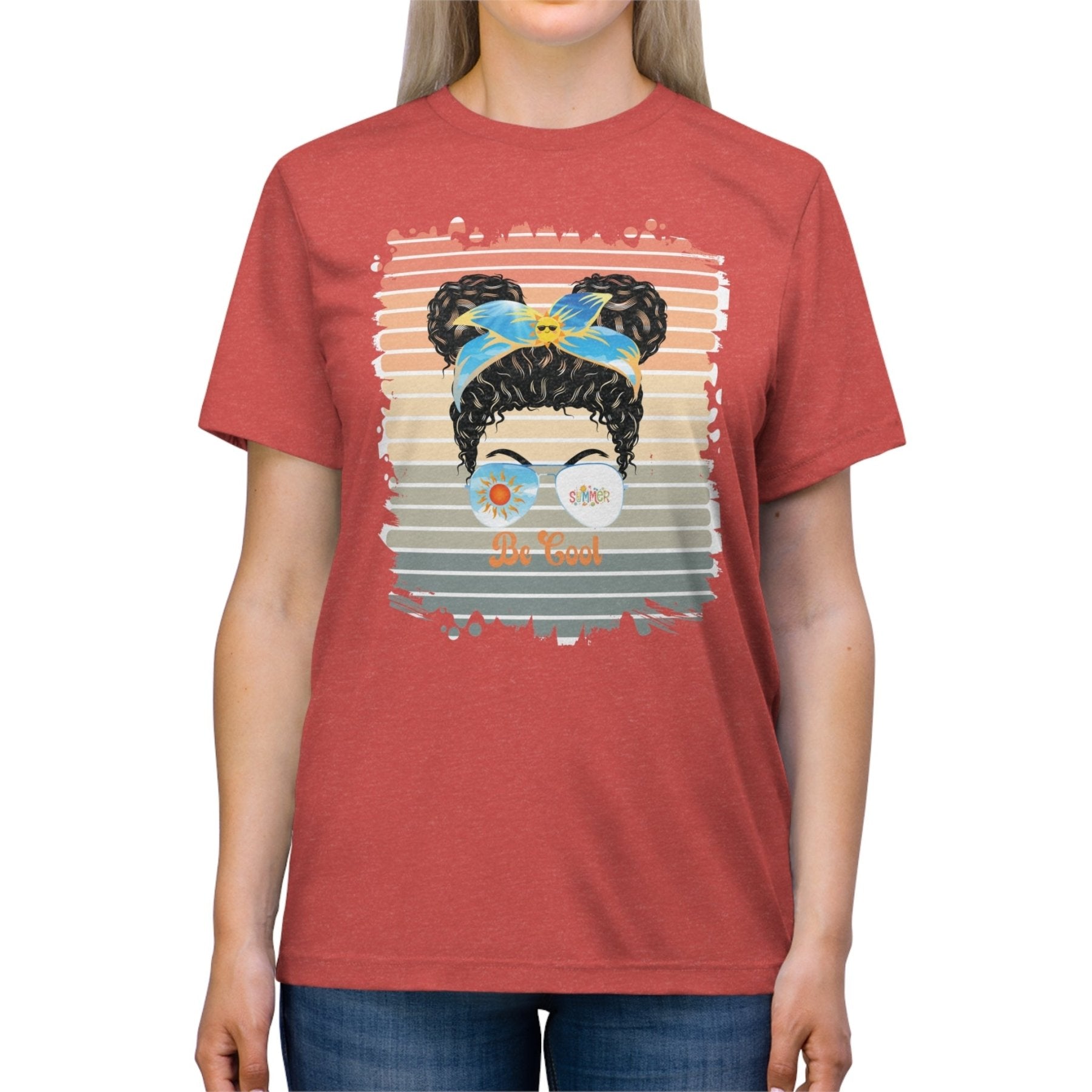 Be Cool Summer Retro, Black Hair Messy Bun, Unisex Triblend T - Shirt - Janlyn's Crafts