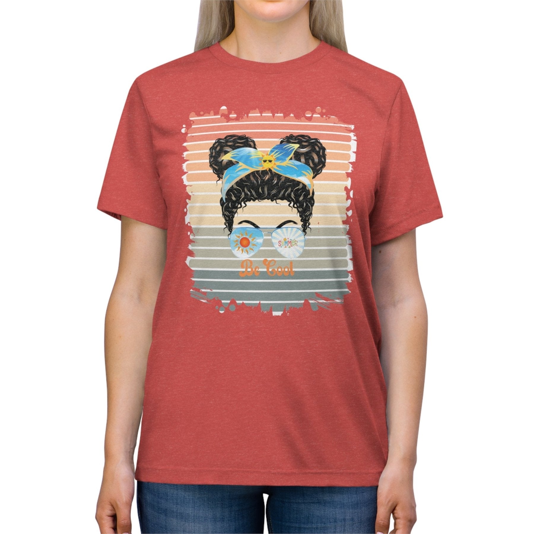 Be Cool Summer Retro, Black Hair Messy Bun, Unisex Triblend T - Shirt - Janlyn's Crafts