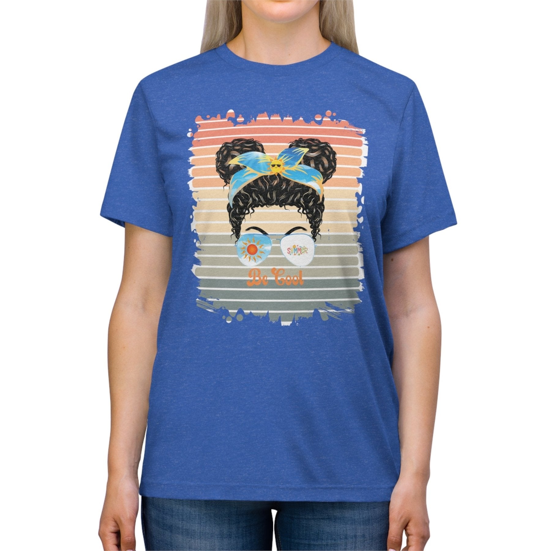 Be Cool Summer Retro, Black Hair Messy Bun, Unisex Triblend T - Shirt - Janlyn's Crafts