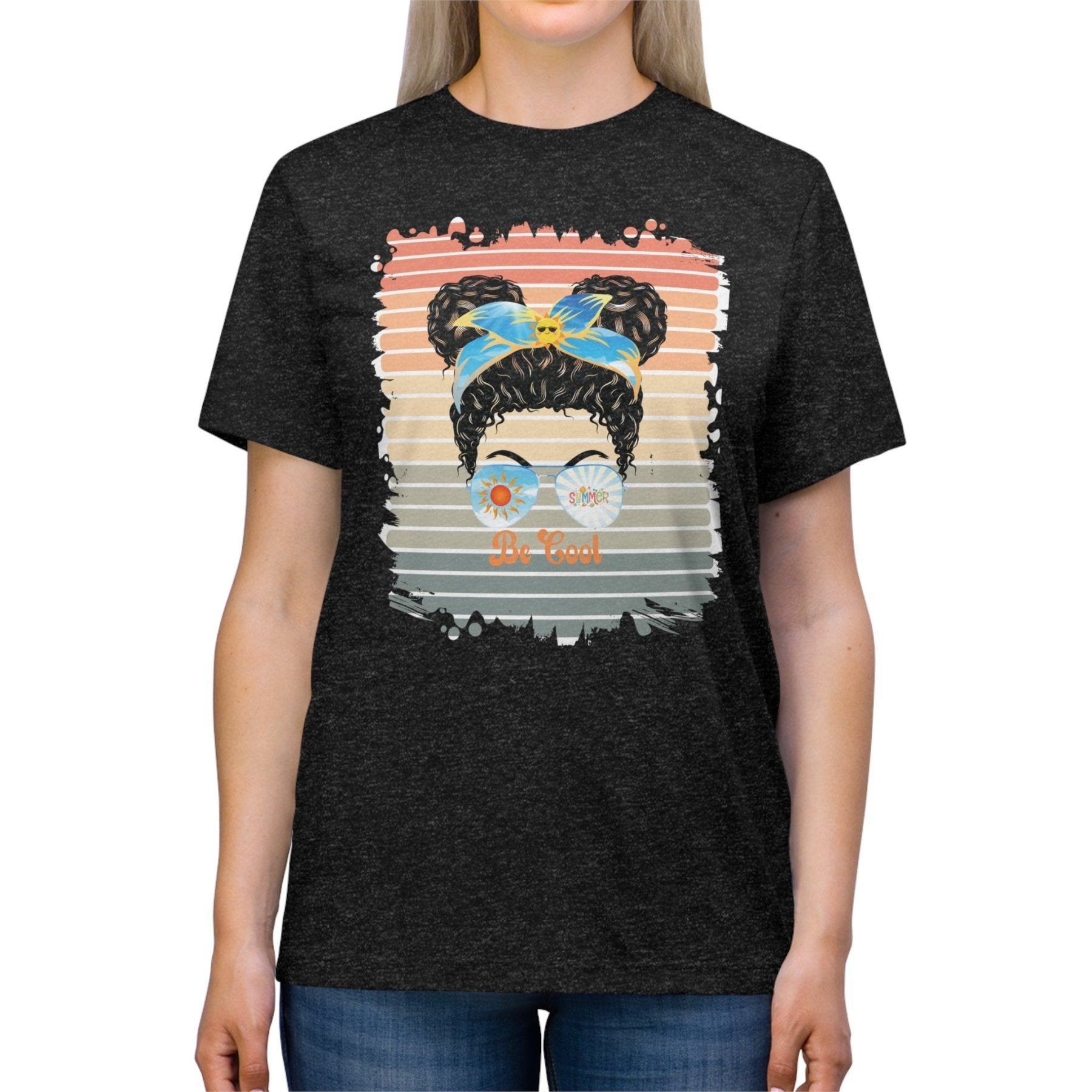 Be Cool Summer Retro, Black Hair Messy Bun, Unisex Triblend T - Shirt - Janlyn's Crafts