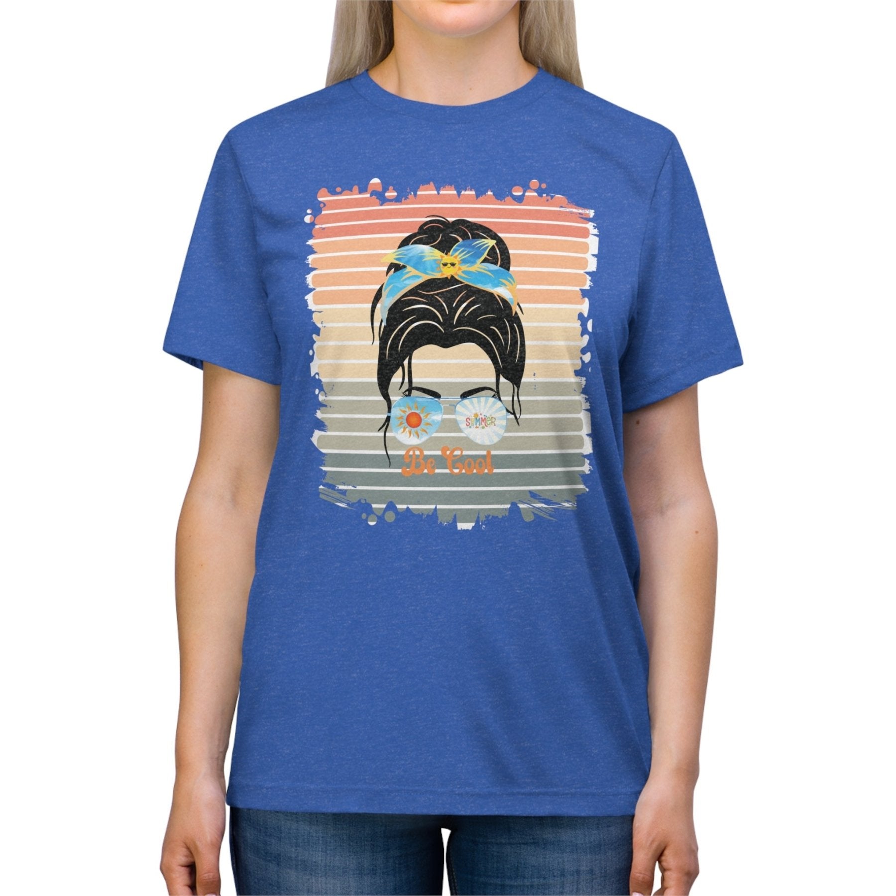 Be Cool Summer Retro, Dark Hair Messy Bun, Unisex Triblend T - Shirt - Janlyn's Crafts