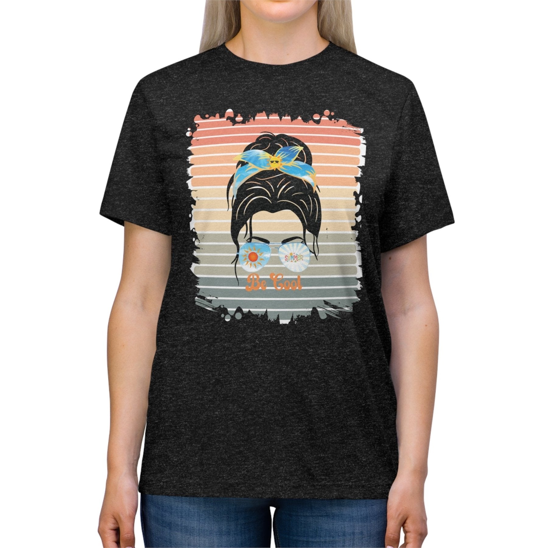 Be Cool Summer Retro, Dark Hair Messy Bun, Unisex Triblend T - Shirt - Janlyn's Crafts