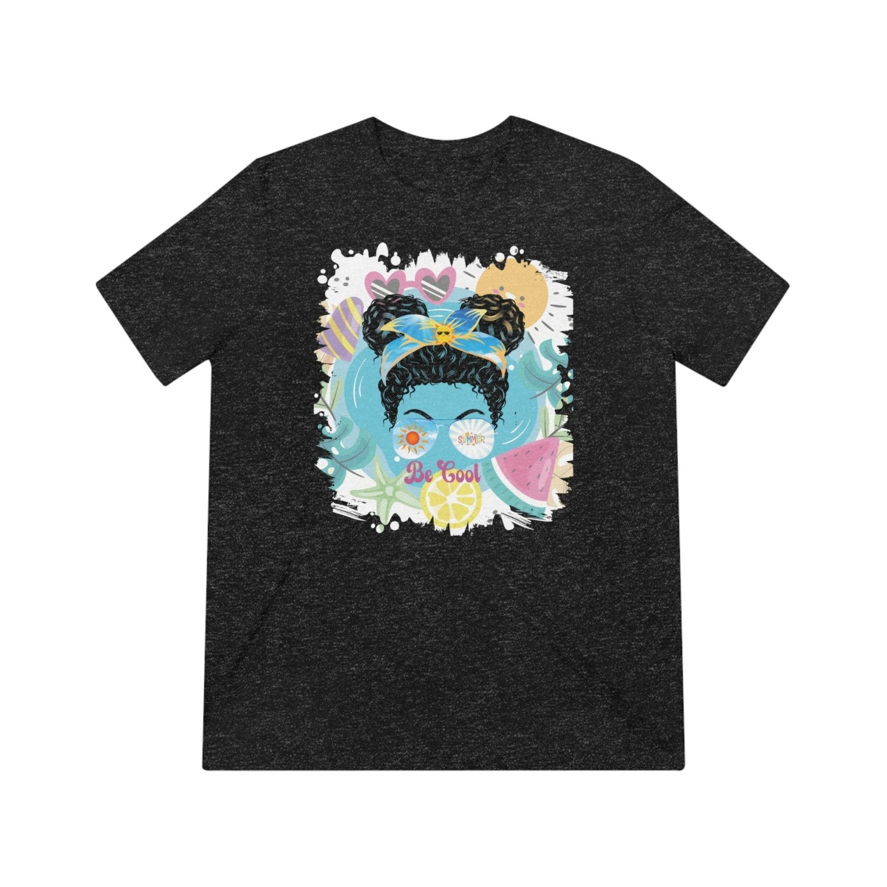 Be Cool Summer Whimsical, Black Hair Messy Bun, Unisex Triblend T - Shirt - Janlyn's Crafts