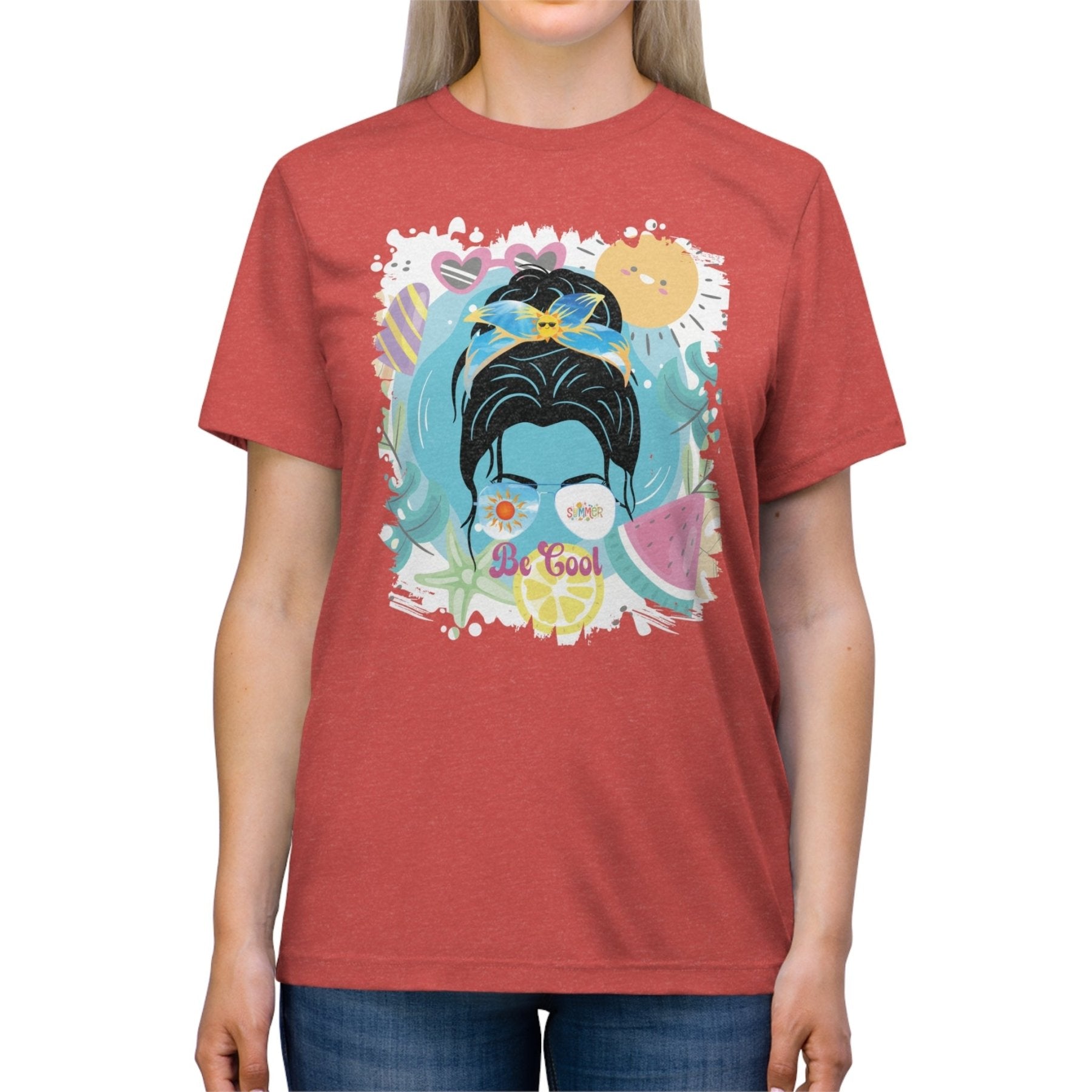 Be Cool Summer Whimsical, Dark Hair Messy Bun, Unisex Triblend T - Shirt - Janlyn's Crafts