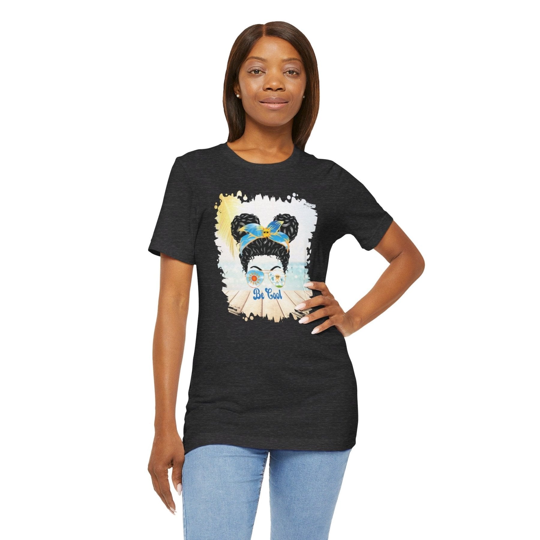 Be Cool Sun, Black Hair Messy Bun, Unisex Jersey Short Sleeve Tee - Janlyn's Crafts