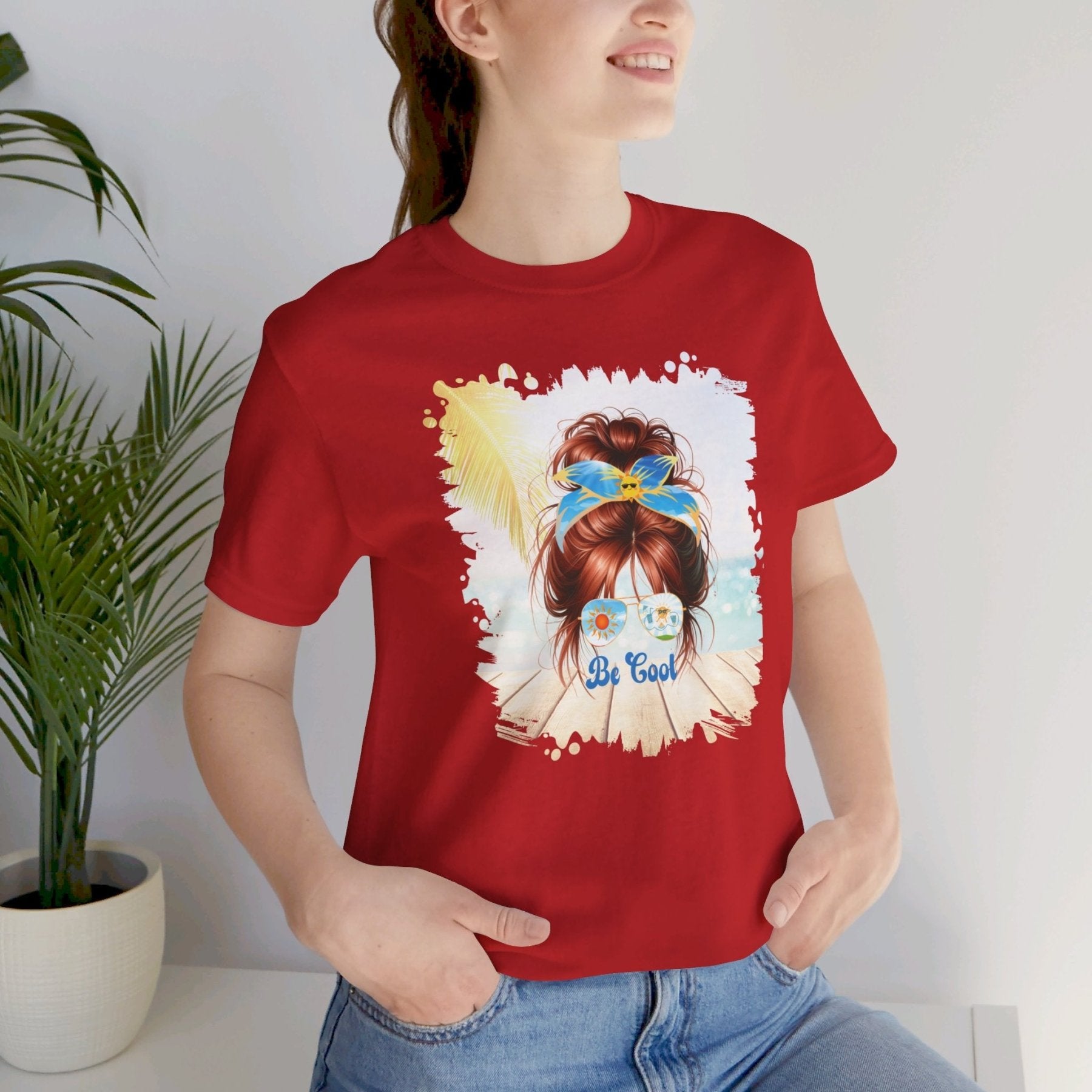 Be Cool Sun, Red Hair Messy Bun, Unisex Jersey Short Sleeve Tee - Janlyn's Crafts