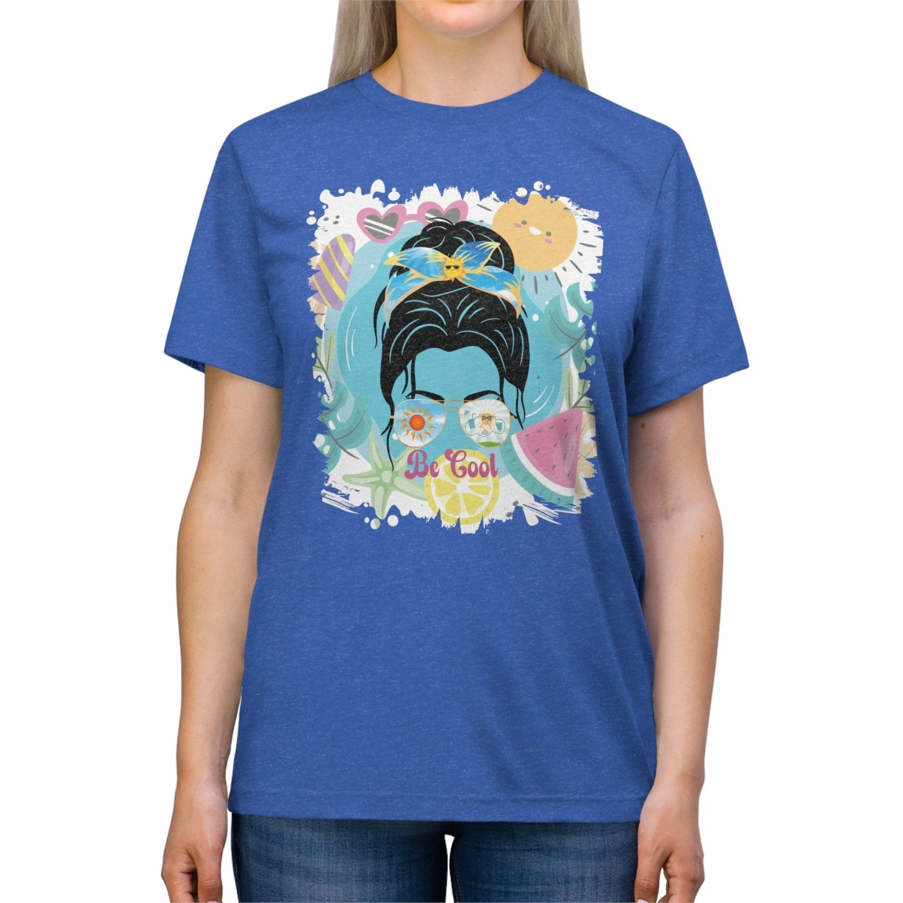 Be Cool Sun Whimsical, Dark Hair Messy Bun, Unisex Triblend T - Shirt - Janlyn's Crafts