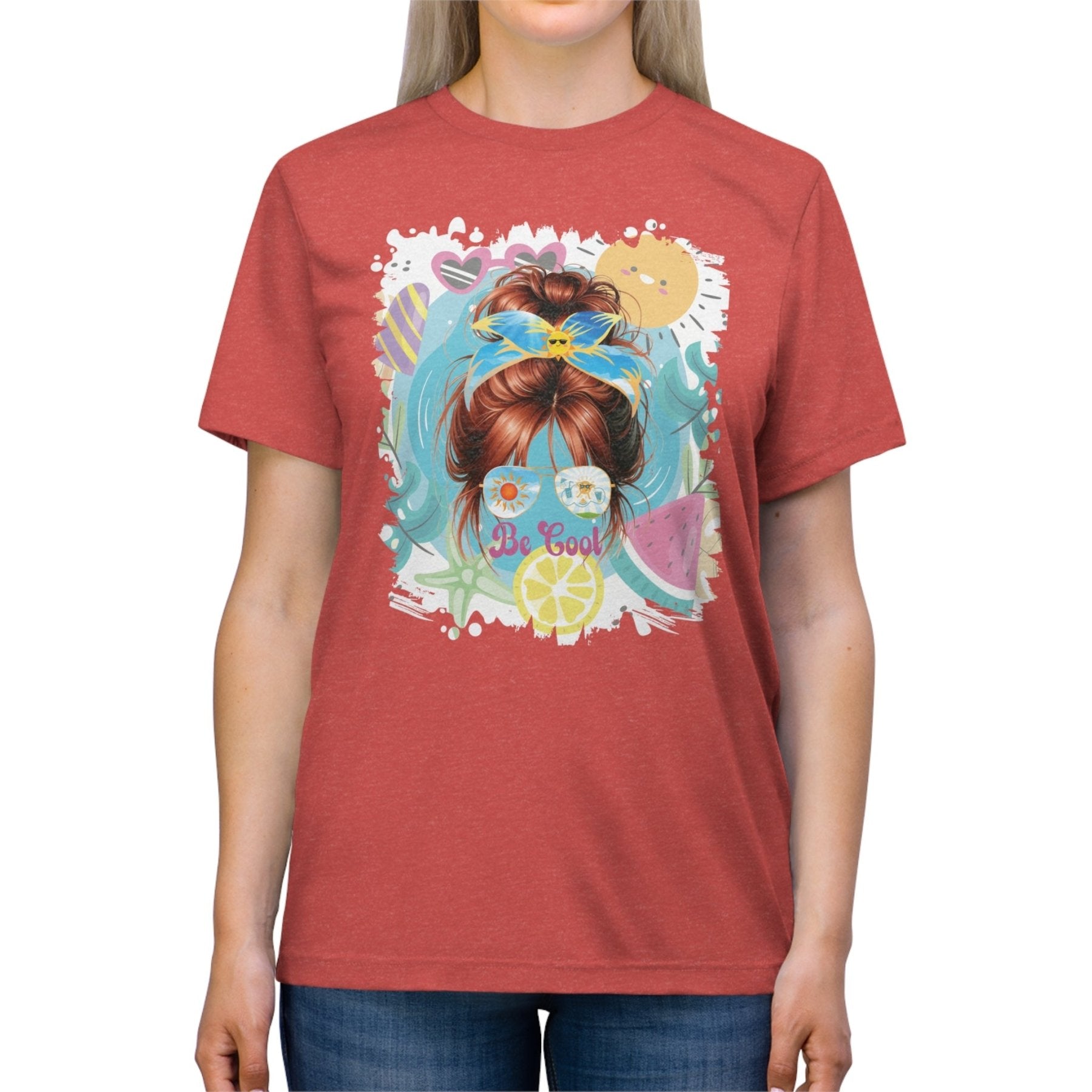 Be Cool Sun Whimsical, Red Hair Messy Bun, Unisex Triblend T - Shirt - Janlyn's Crafts