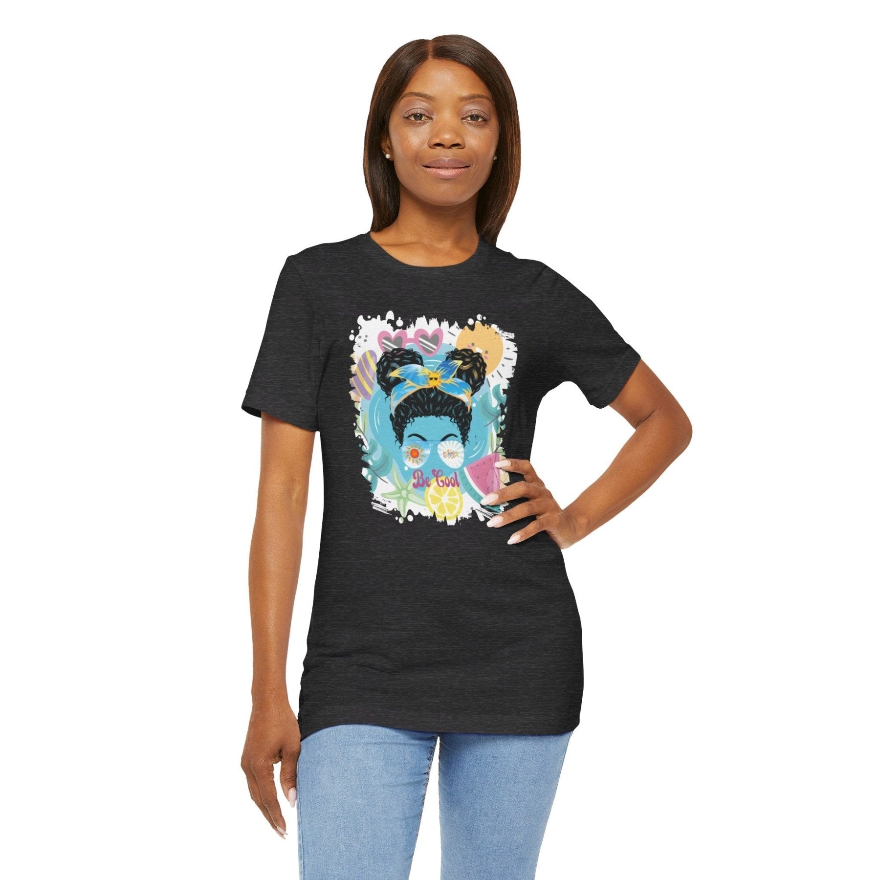 Be Cool Whimsical Summer, Black Hair Messy Bun, Unisex Jersey Short Sleeve Tee - Janlyn's Crafts