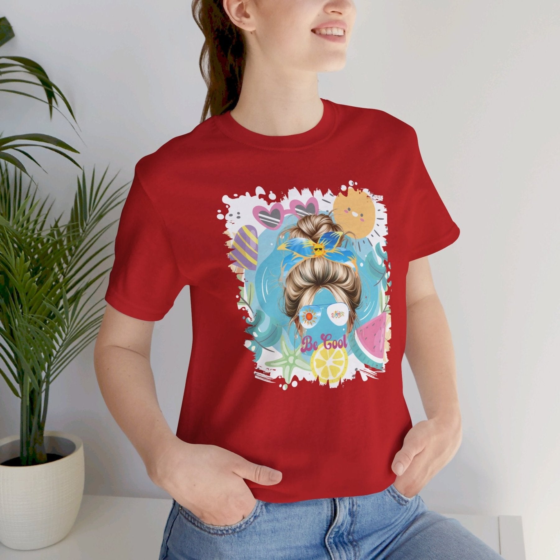 Be Cool Whimsical Summer, Blond Hair Messy Bun, Unisex Jersey Short Sleeve Tee - Janlyn's Crafts