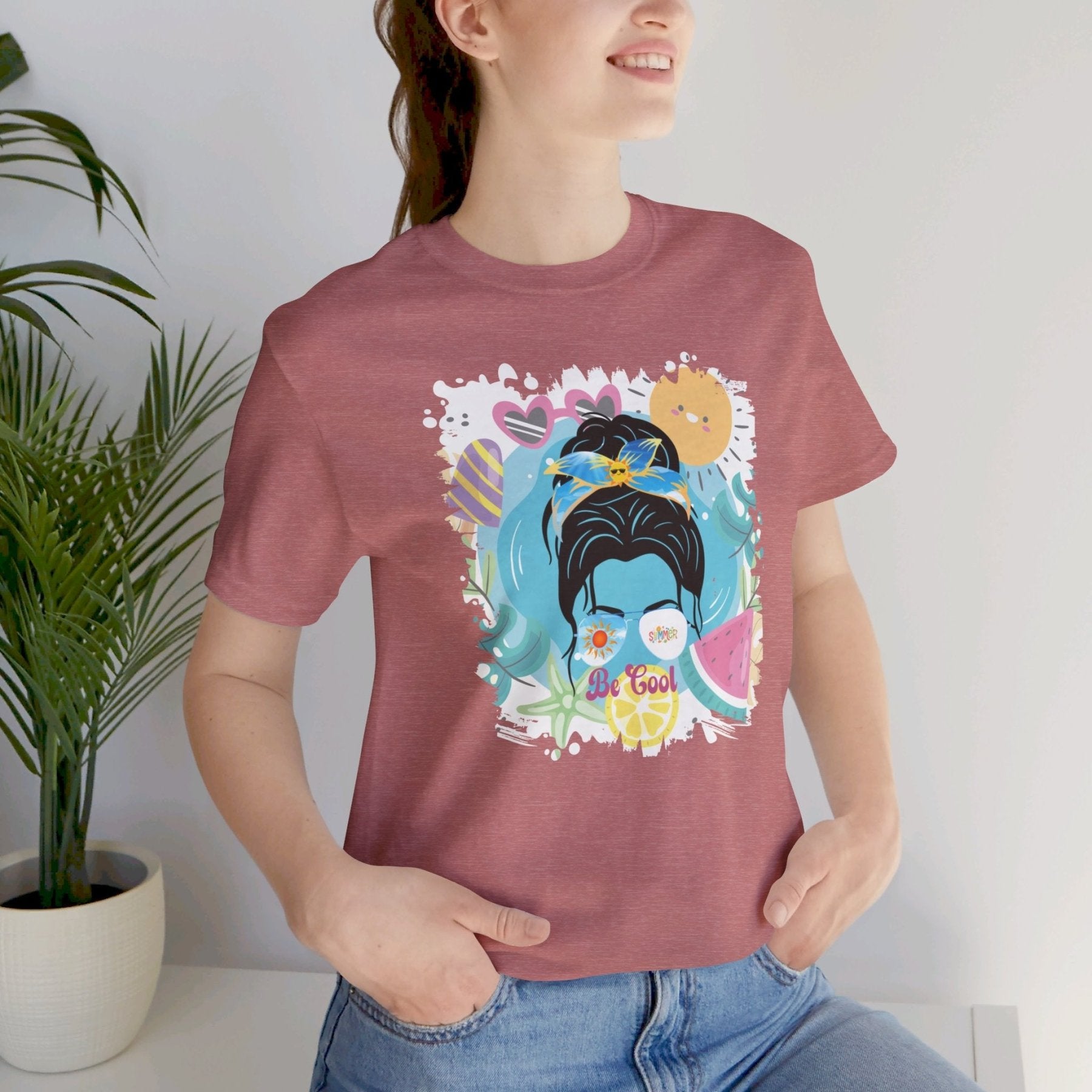 Be Cool Whimsical Summer, Dark Hair Messy Bun, Unisex Jersey Short Sleeve Tee - Janlyn's Crafts