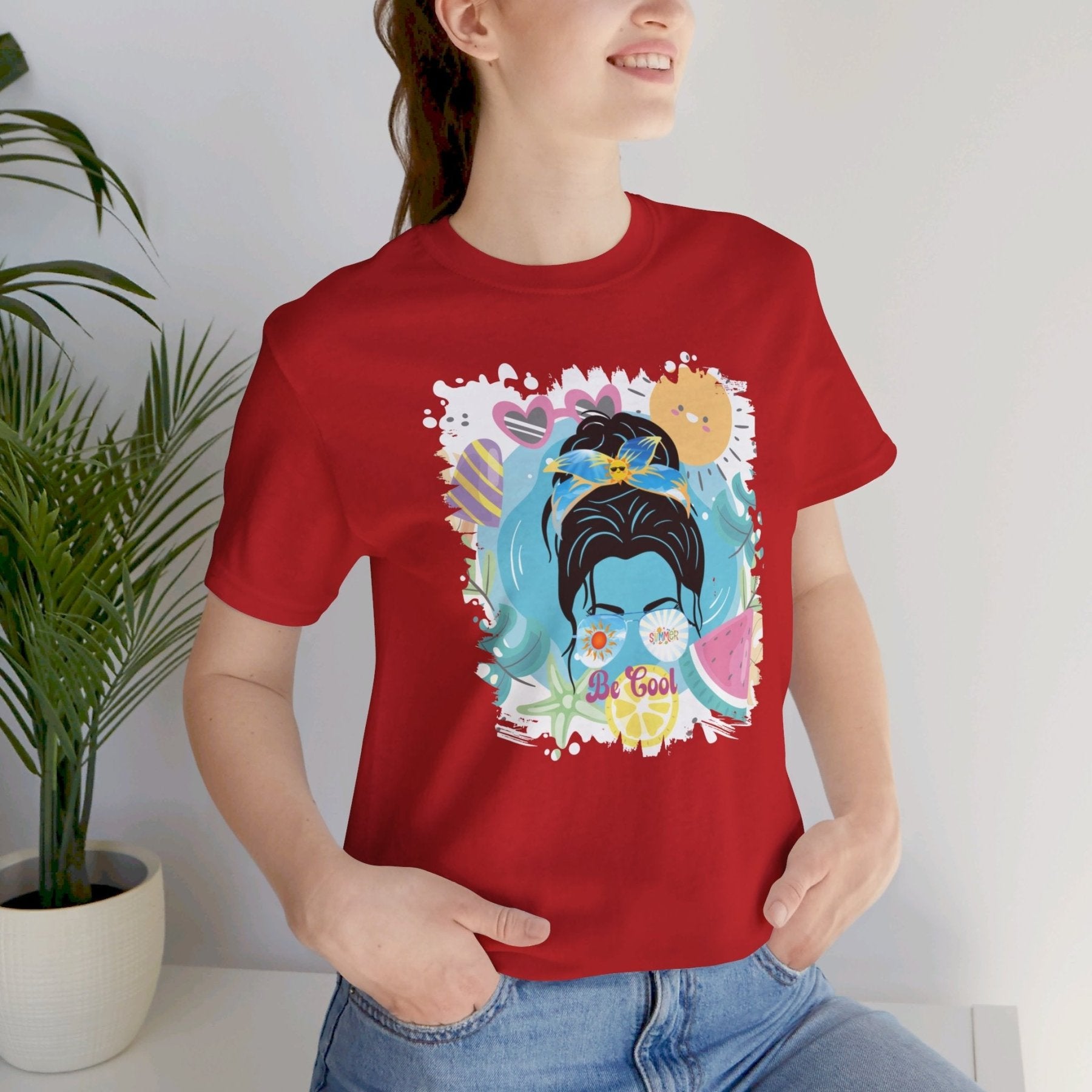 Be Cool Whimsical Summer, Dark Hair Messy Bun, Unisex Jersey Short Sleeve Tee - Janlyn's Crafts