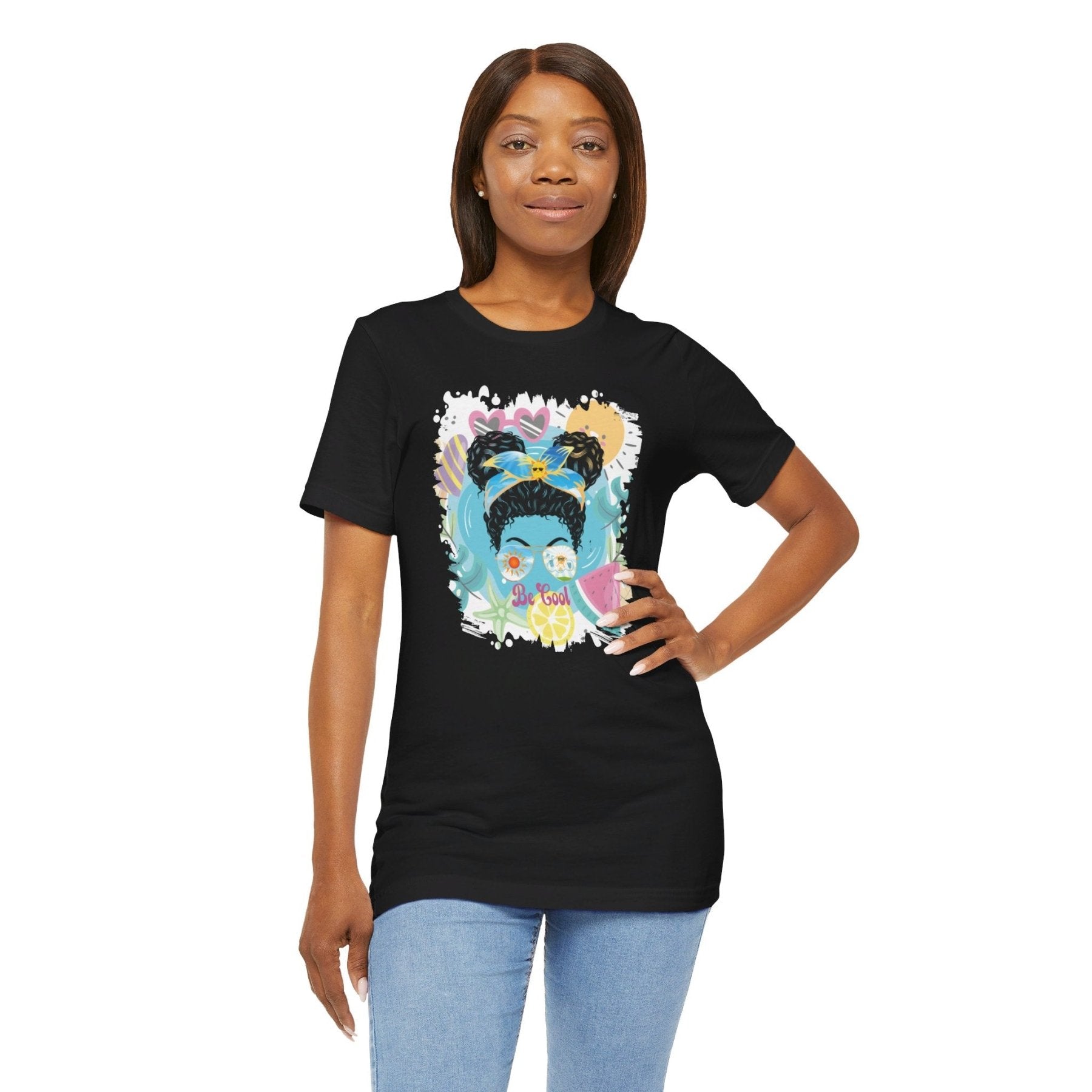 Be Cool Whimsical Sun, Black Hair Messy Bun, Unisex Jersey Short Sleeve Tee - Janlyn's Crafts