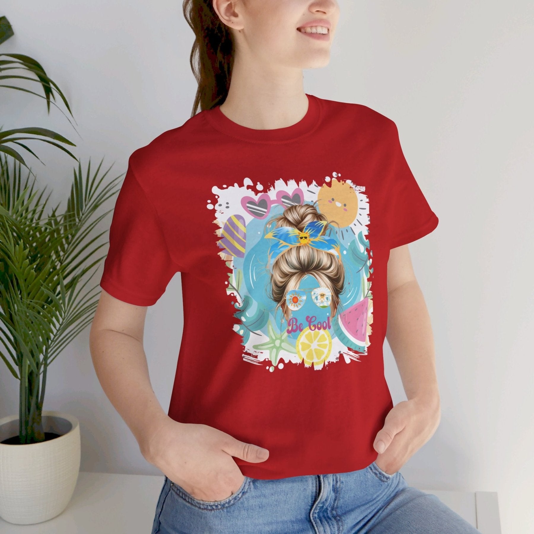 Be Cool Whimsical Sun, Blond Hair Messy Bun, Unisex Jersey Short Sleeve Tee - Janlyn's Crafts