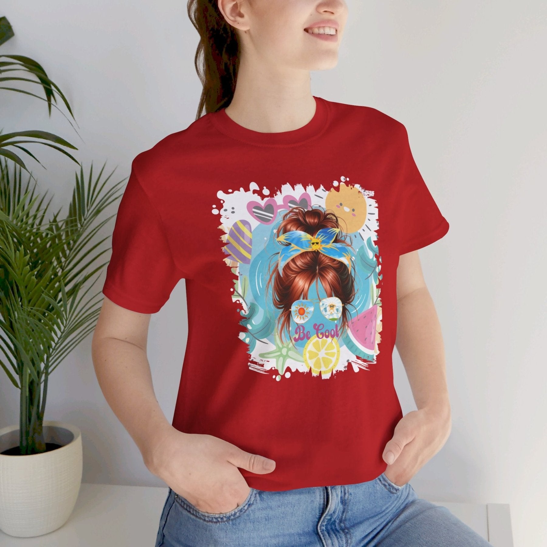 Be Cool Whimsical Sun, Red Hair Messy Bun, Unisex Jersey Short Sleeve Tee - Janlyn's Crafts