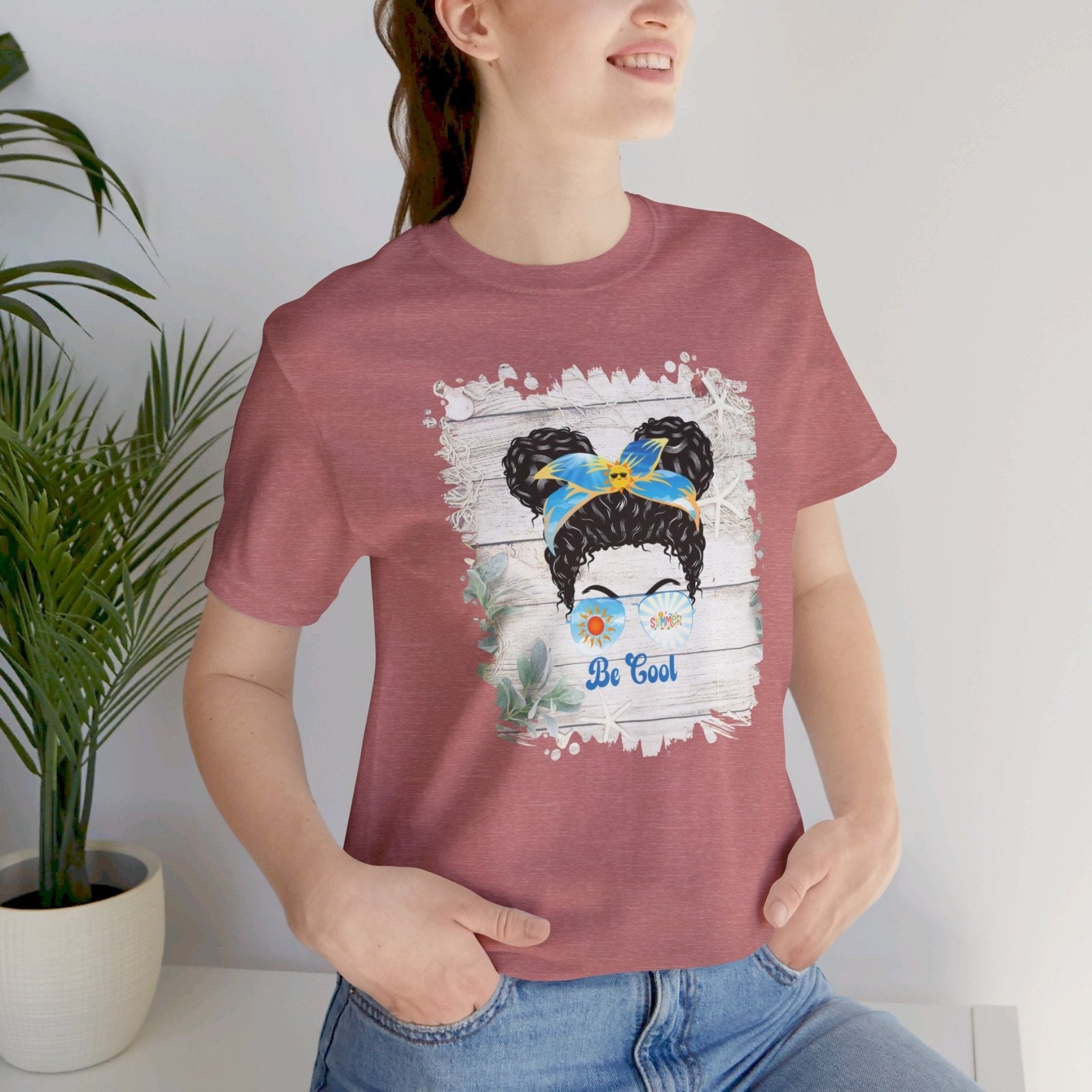 Be Cool Whiteboard Summer, Black Hair Messy Bun, Unisex Jersey Short Sleeve Tee - Janlyn's Crafts