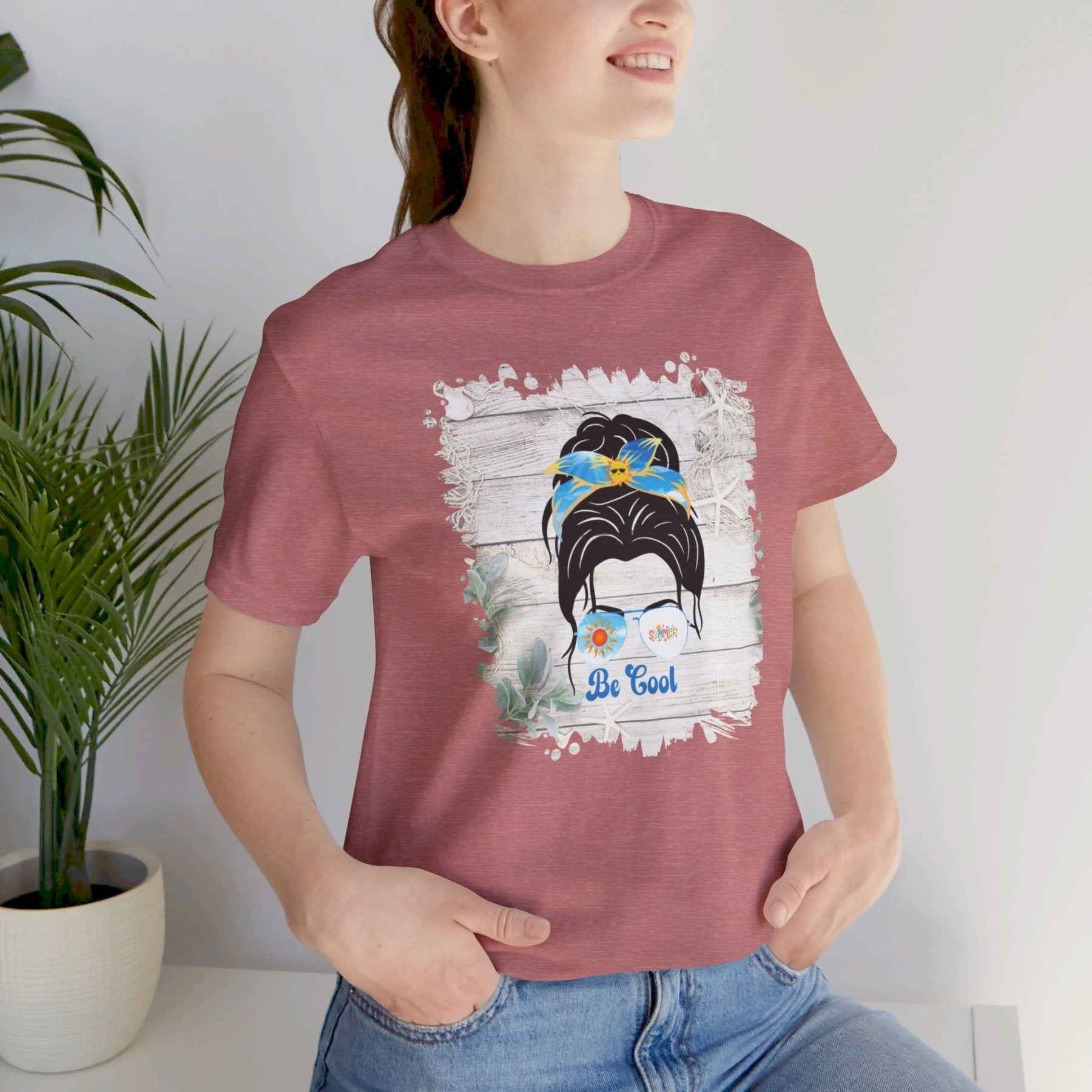 Be Cool Whiteboard Summer, Dark Hair Messy Bun, Unisex Jersey Short Sleeve Tee - Janlyn's Crafts