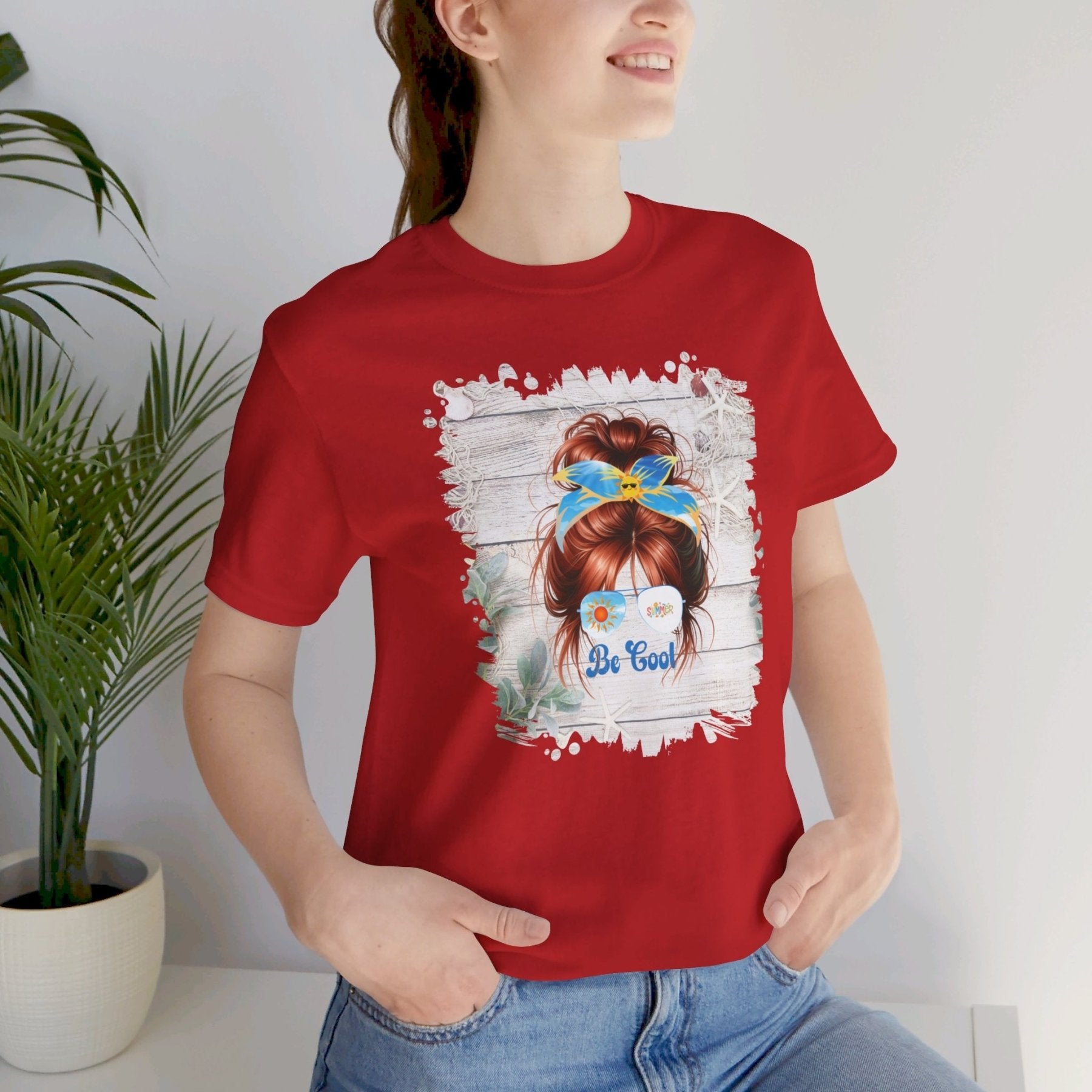 Be Cool Whiteboard Summer, Red Hair Messy Bun, Unisex Jersey Short Sleeve Tee - Janlyn's Crafts