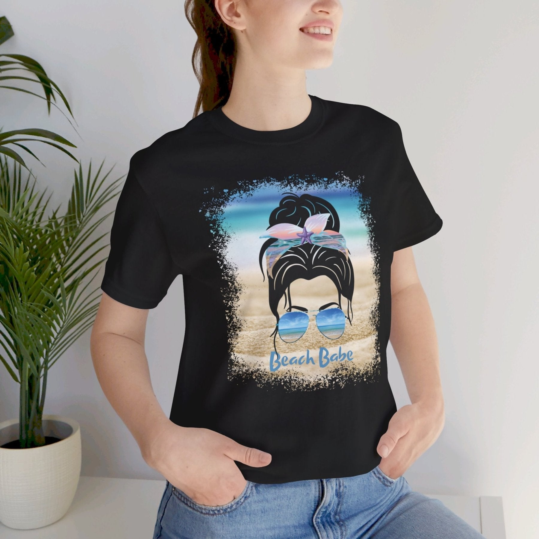 Beach Babe, Black Hair Messy Bun, Unisex Jersey Short Sleeve Tee - Janlyn's Crafts