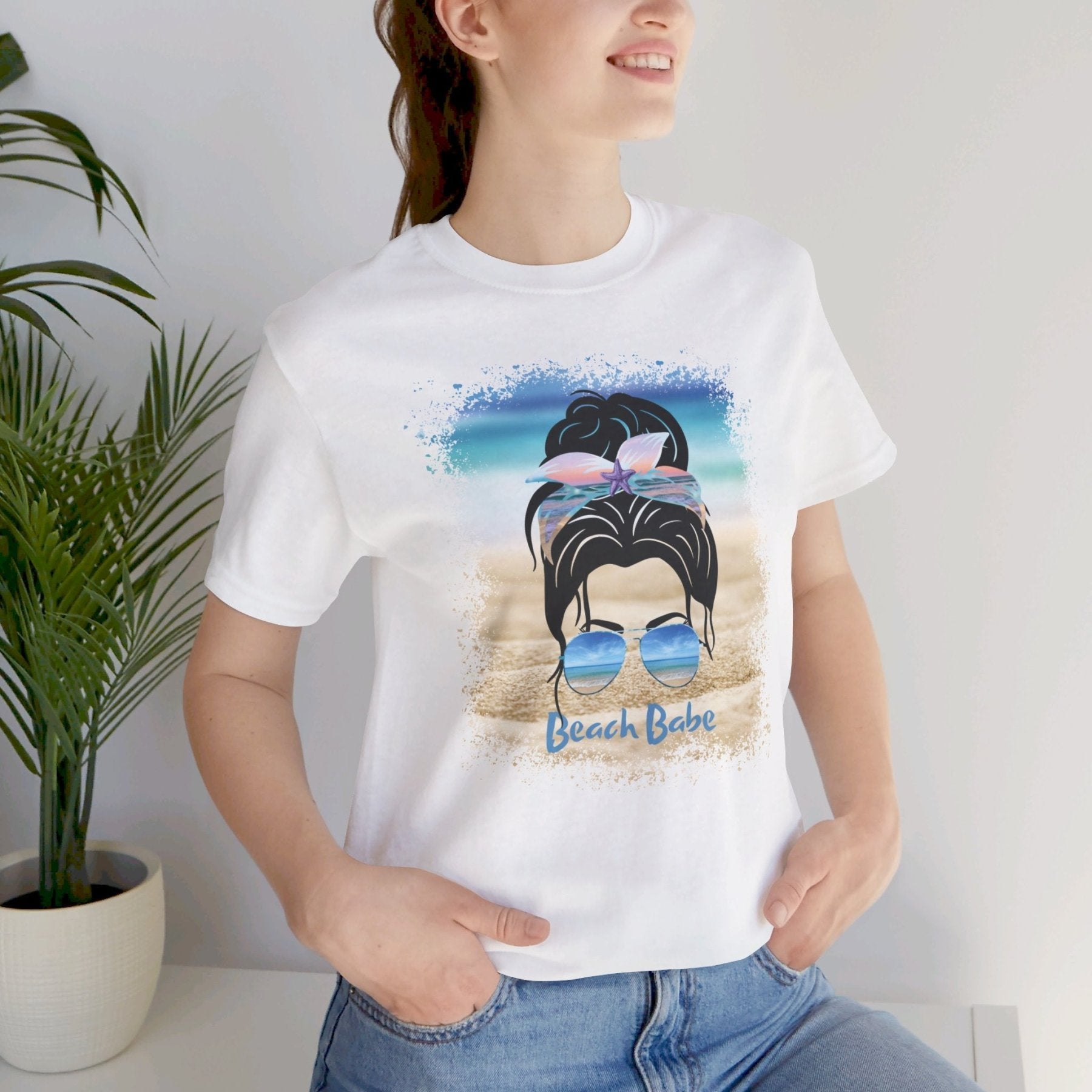 Beach Babe, Black Hair Messy Bun, Unisex Jersey Short Sleeve Tee - Janlyn's Crafts