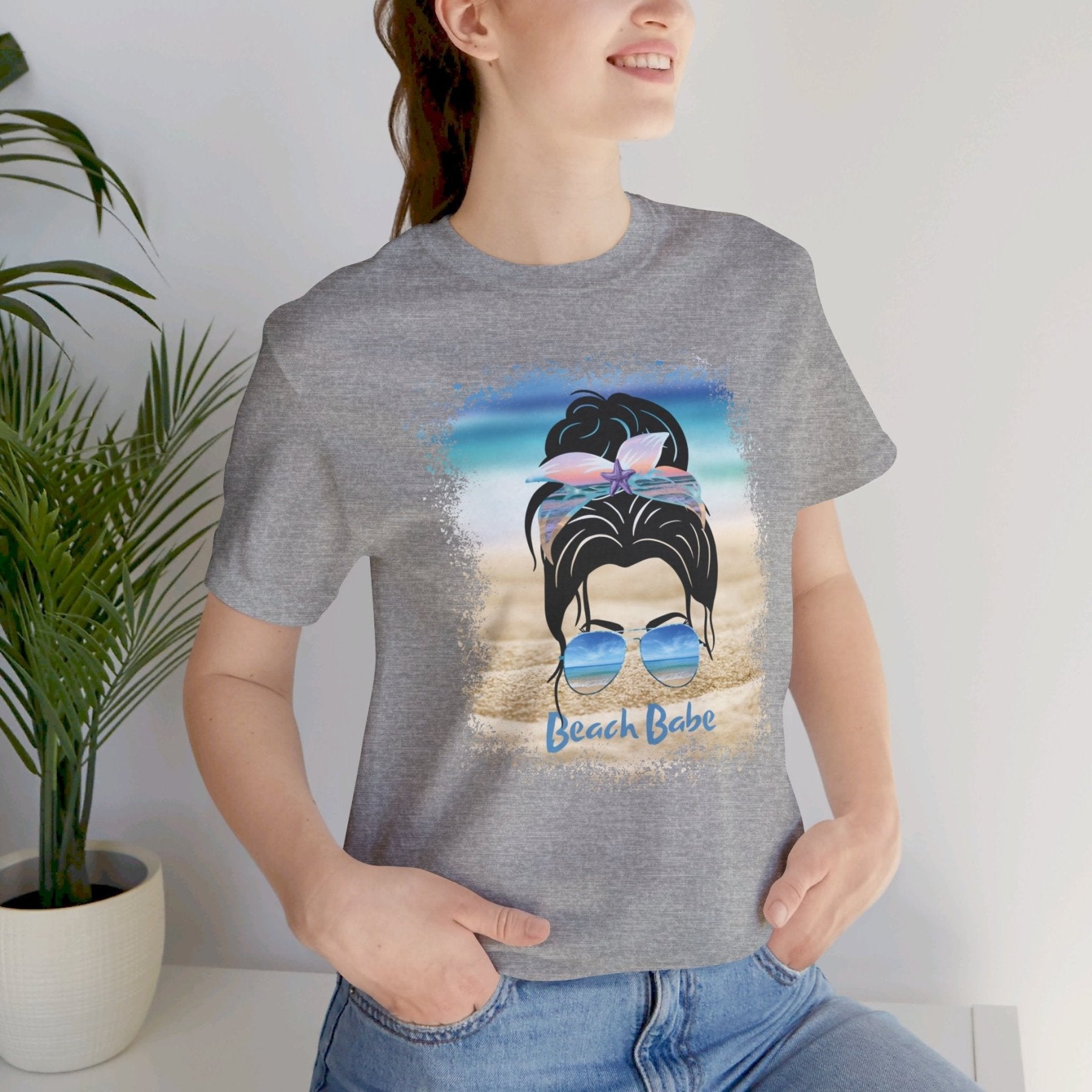 Beach Babe, Black Hair Messy Bun, Unisex Jersey Short Sleeve Tee - Janlyn's Crafts