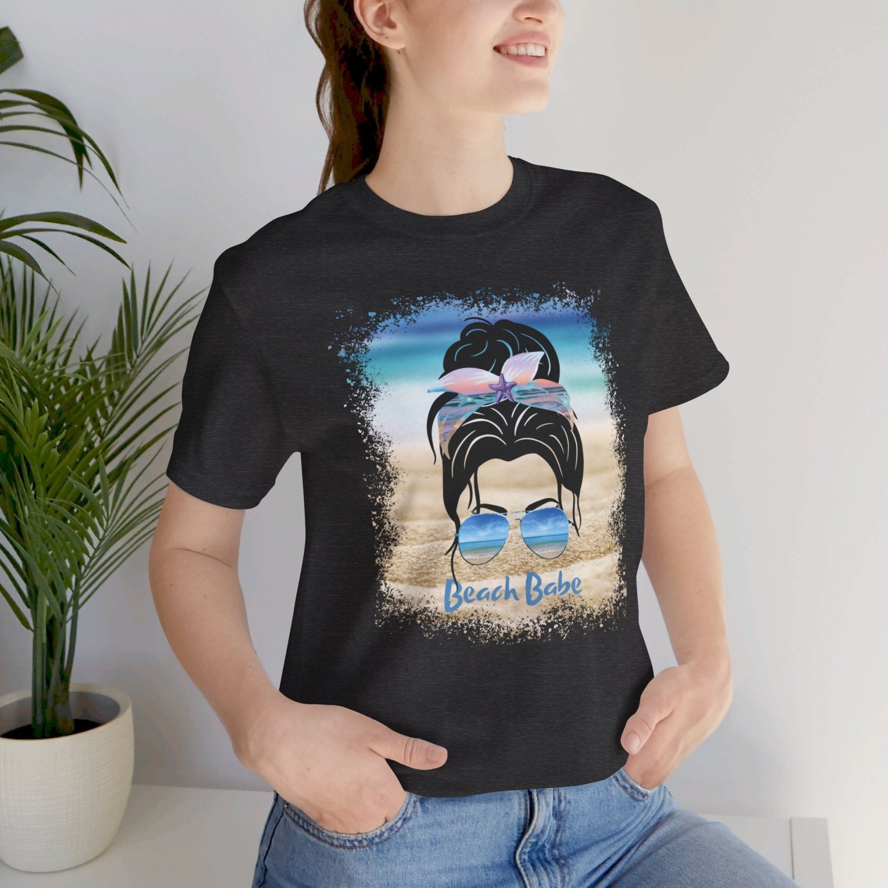 Beach Babe, Black Hair Messy Bun, Unisex Jersey Short Sleeve Tee - Janlyn's Crafts