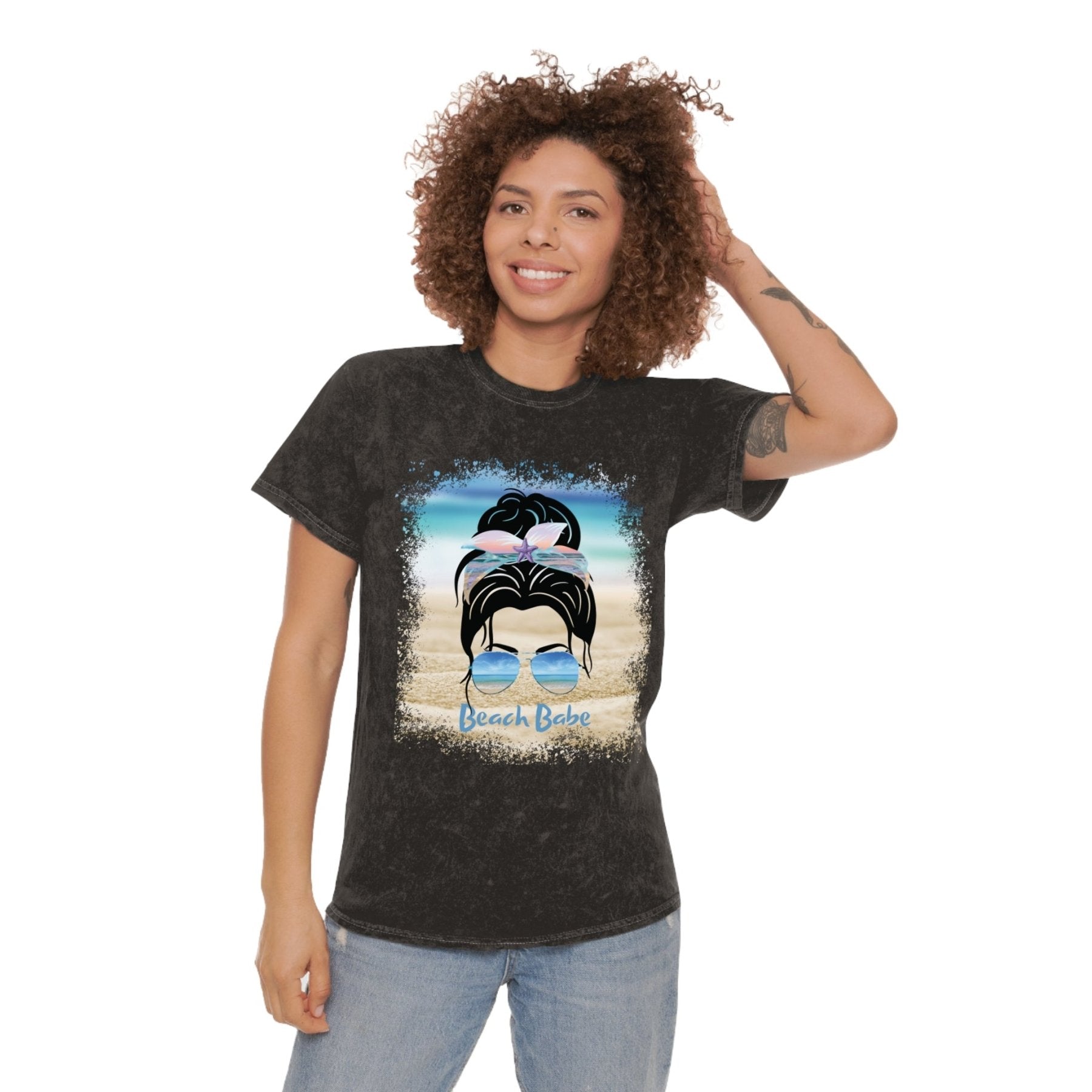 Beach Babe Black Hair Messy Bun, Unisex Mineral Wash T-Shirt - Janlyn's Crafts