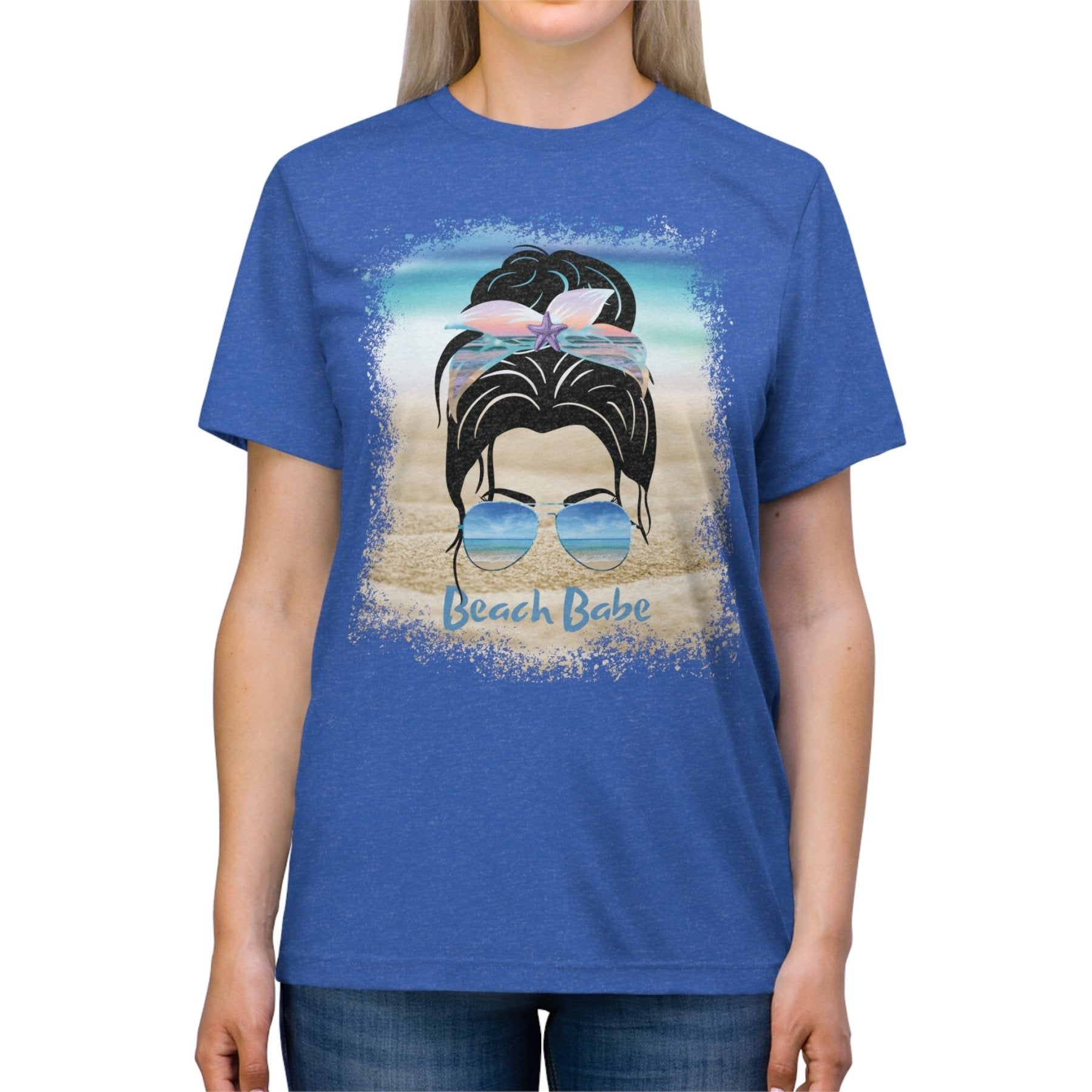 Beach Babe, Black Hair Messy Bun, Unisex Triblend T-Shirt - Janlyn's Crafts