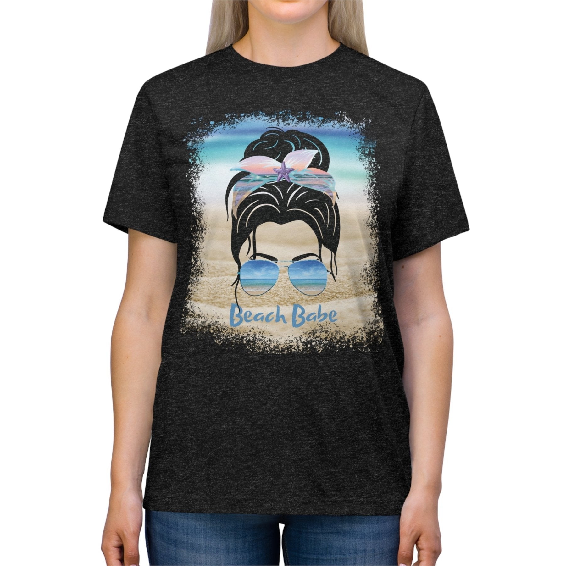 Beach Babe, Black Hair Messy Bun, Unisex Triblend T-Shirt - Janlyn's Crafts