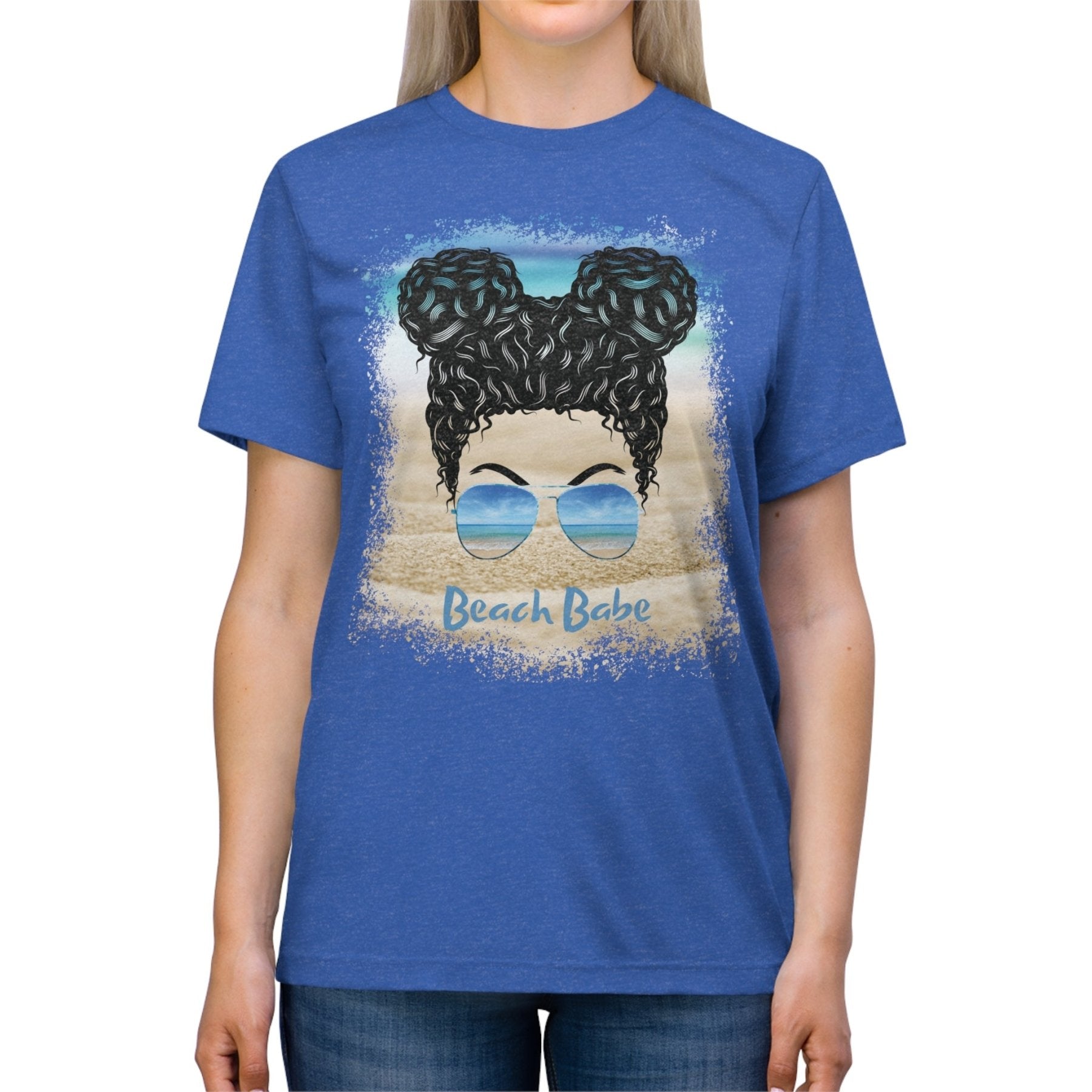 Beach Babe, Black Hair Messy Bun, Unisex Triblend T-Shirt - Janlyn's Crafts