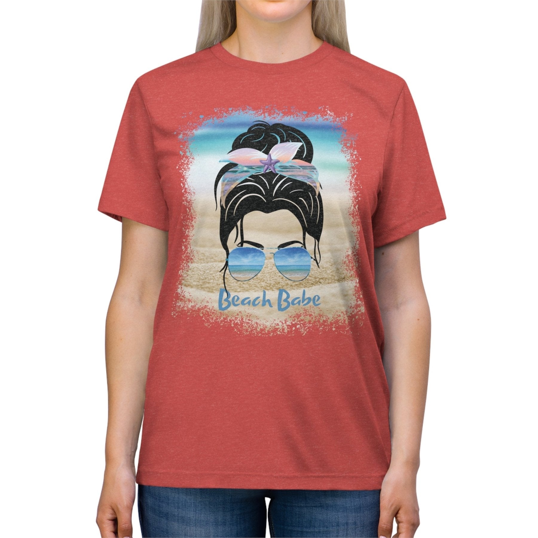 Beach Babe, Black Hair Messy Bun, Unisex Triblend T-Shirt - Janlyn's Crafts