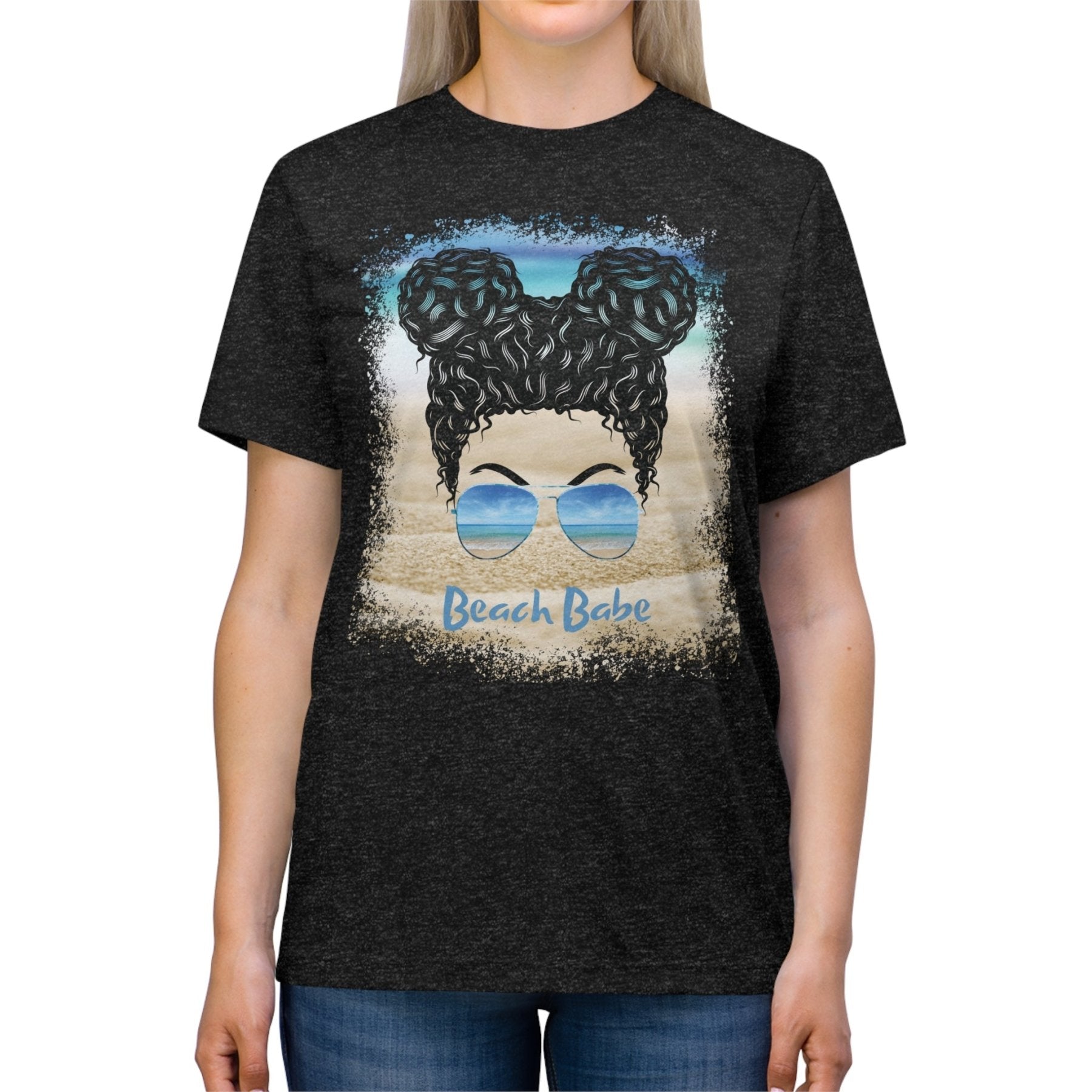 Beach Babe, Black Hair Messy Bun, Unisex Triblend T-Shirt - Janlyn's Crafts