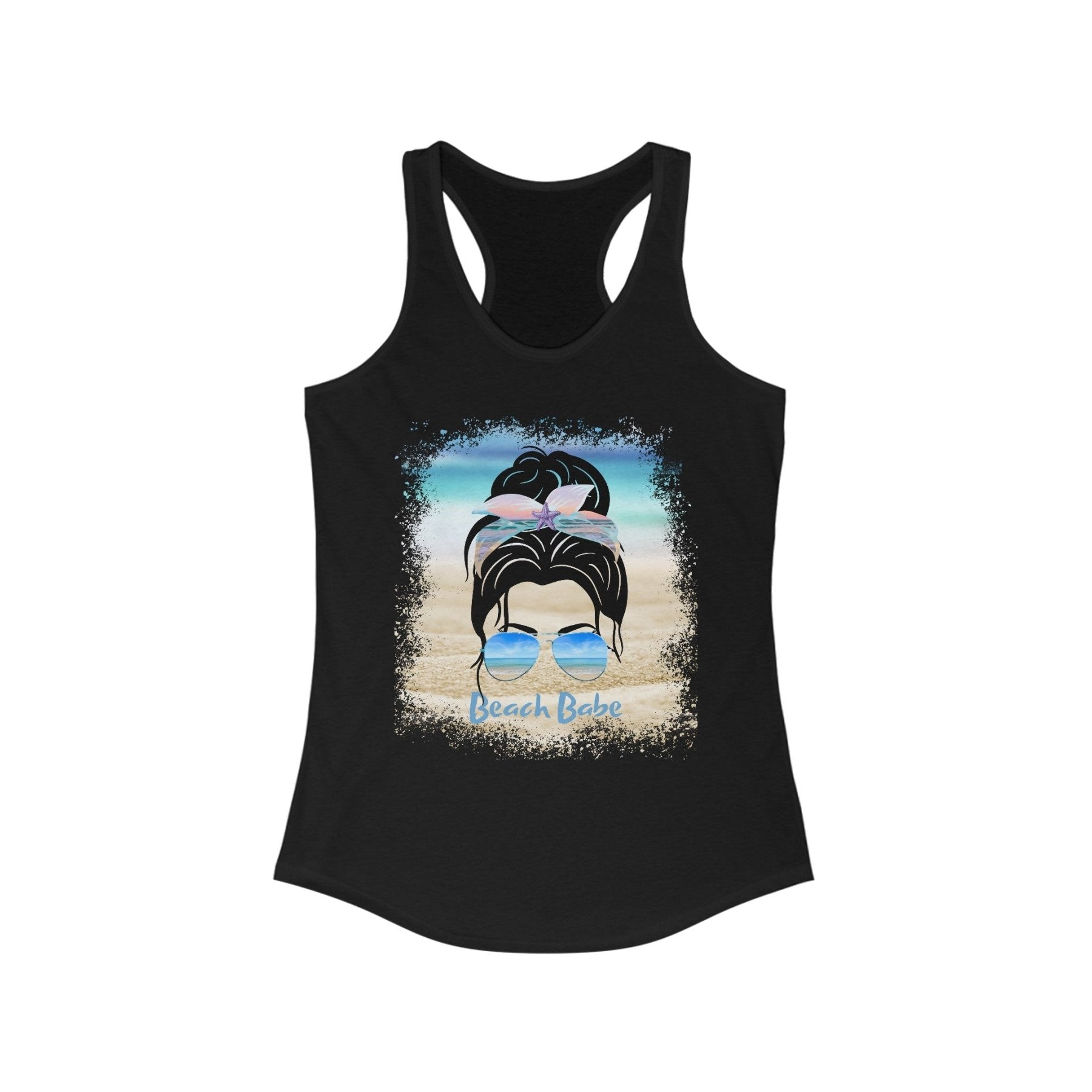 Beach Babe, Black Hair Messy Bun, Women's Ideal Racerback Tank - Janlyn's Crafts