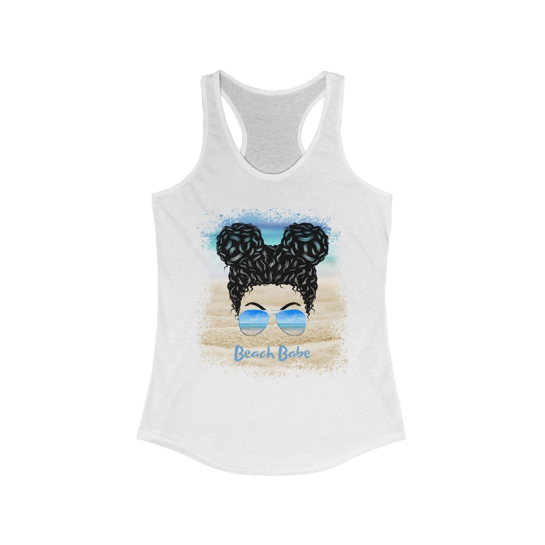 Beach Babe, Black Hair Messy Bun, Women's Ideal Racerback Tank - Janlyn's Crafts