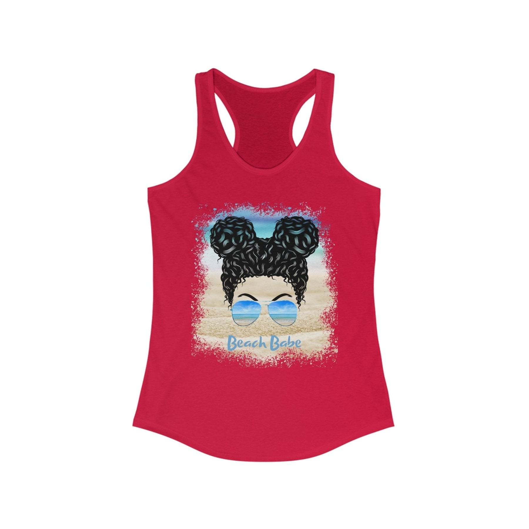 Beach Babe, Black Hair Messy Bun, Women's Ideal Racerback Tank - Janlyn's Crafts