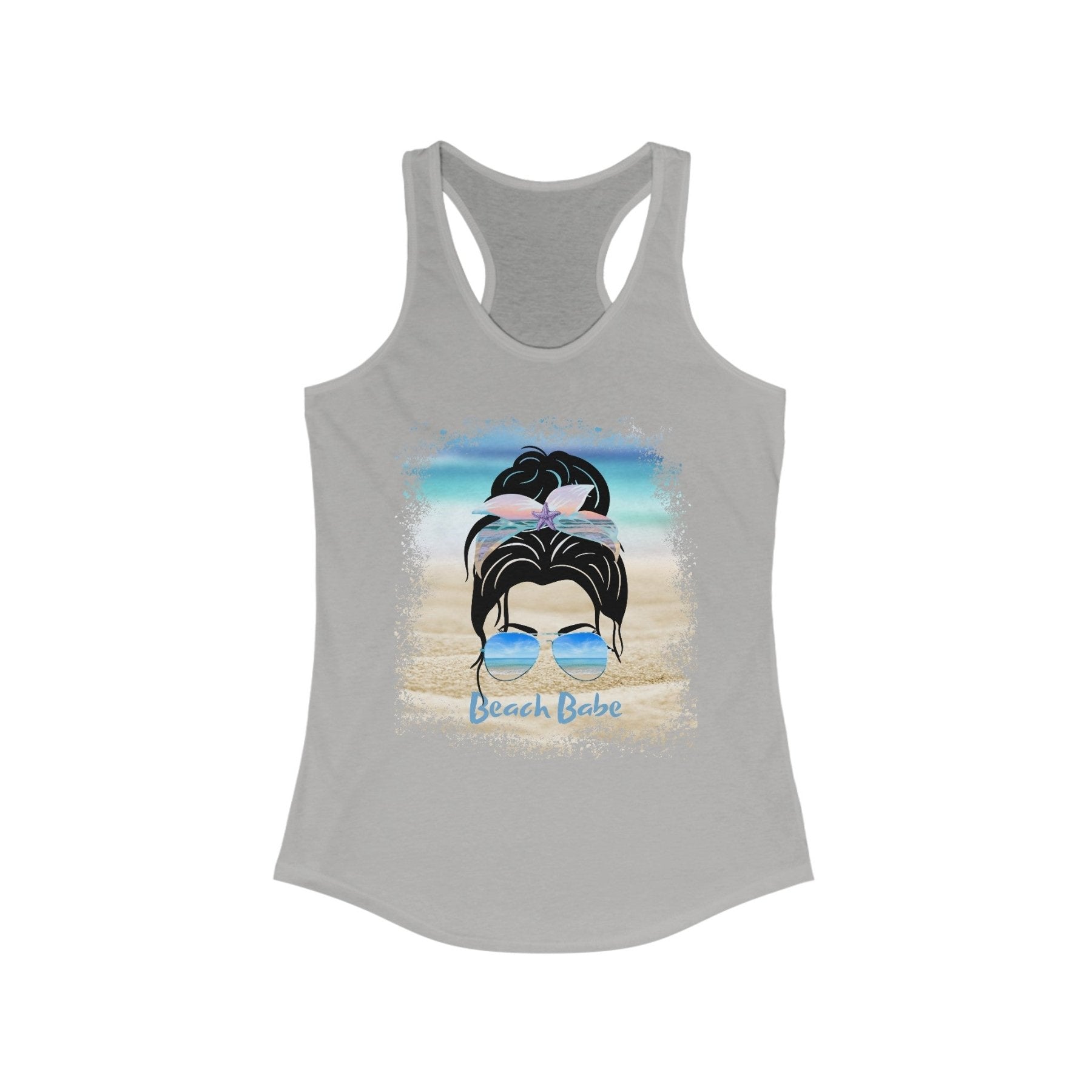 Beach Babe, Black Hair Messy Bun, Women's Ideal Racerback Tank - Janlyn's Crafts