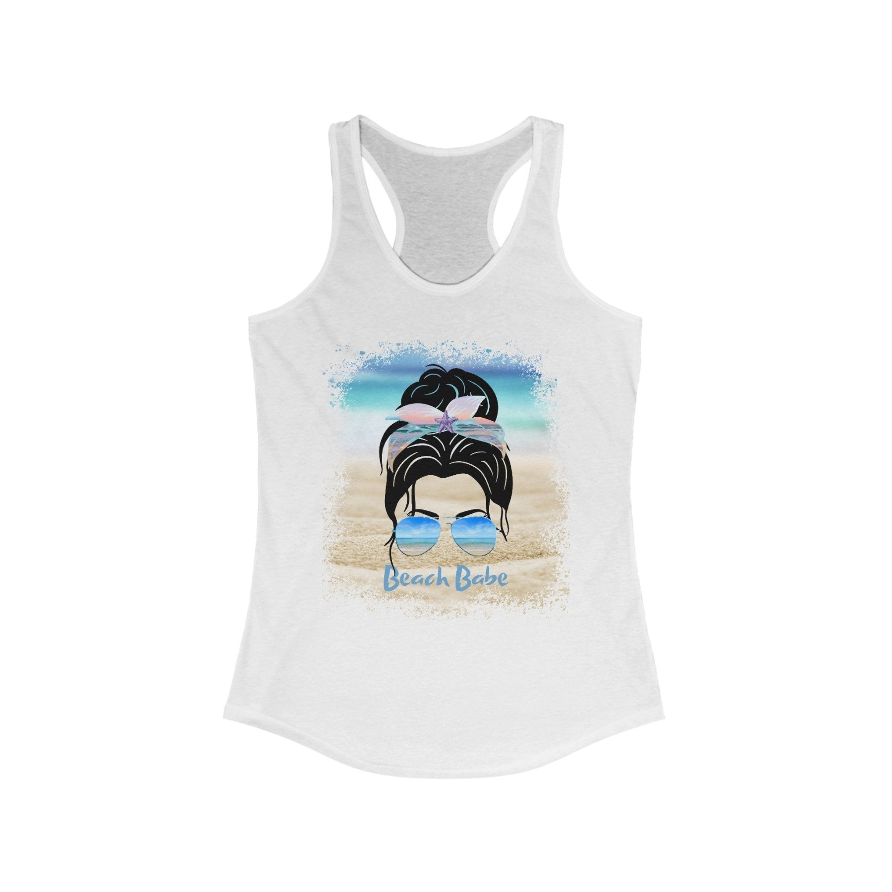 Beach Babe, Black Hair Messy Bun, Women's Ideal Racerback Tank - Janlyn's Crafts