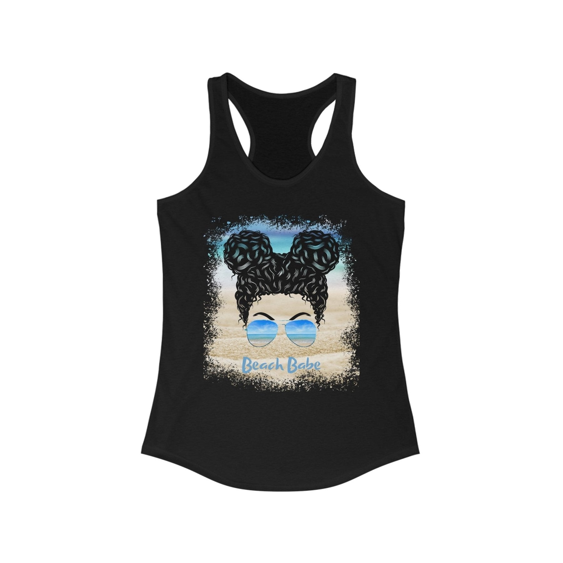 Beach Babe, Black Hair Messy Bun, Women's Ideal Racerback Tank - Janlyn's Crafts