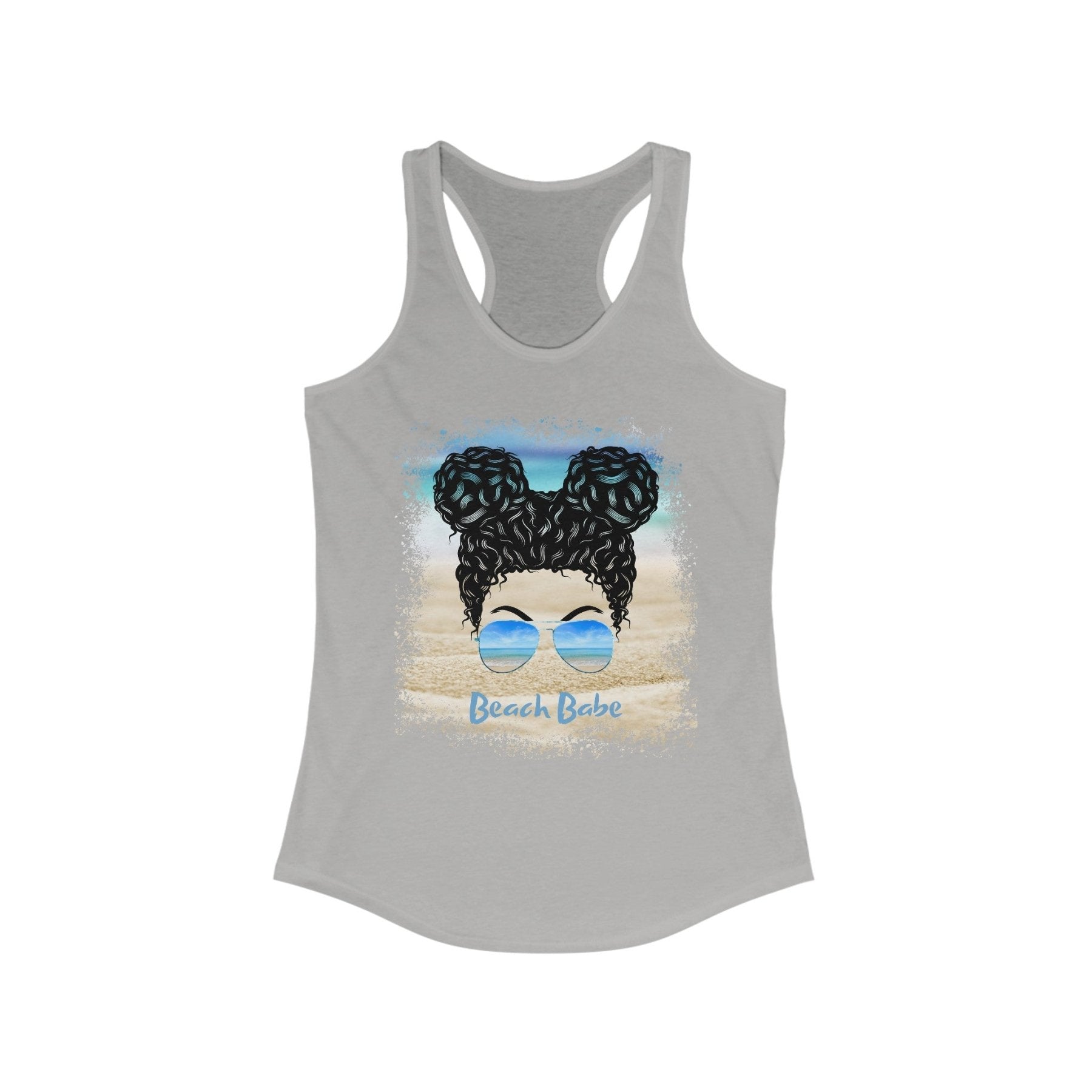 Beach Babe, Black Hair Messy Bun, Women's Ideal Racerback Tank - Janlyn's Crafts