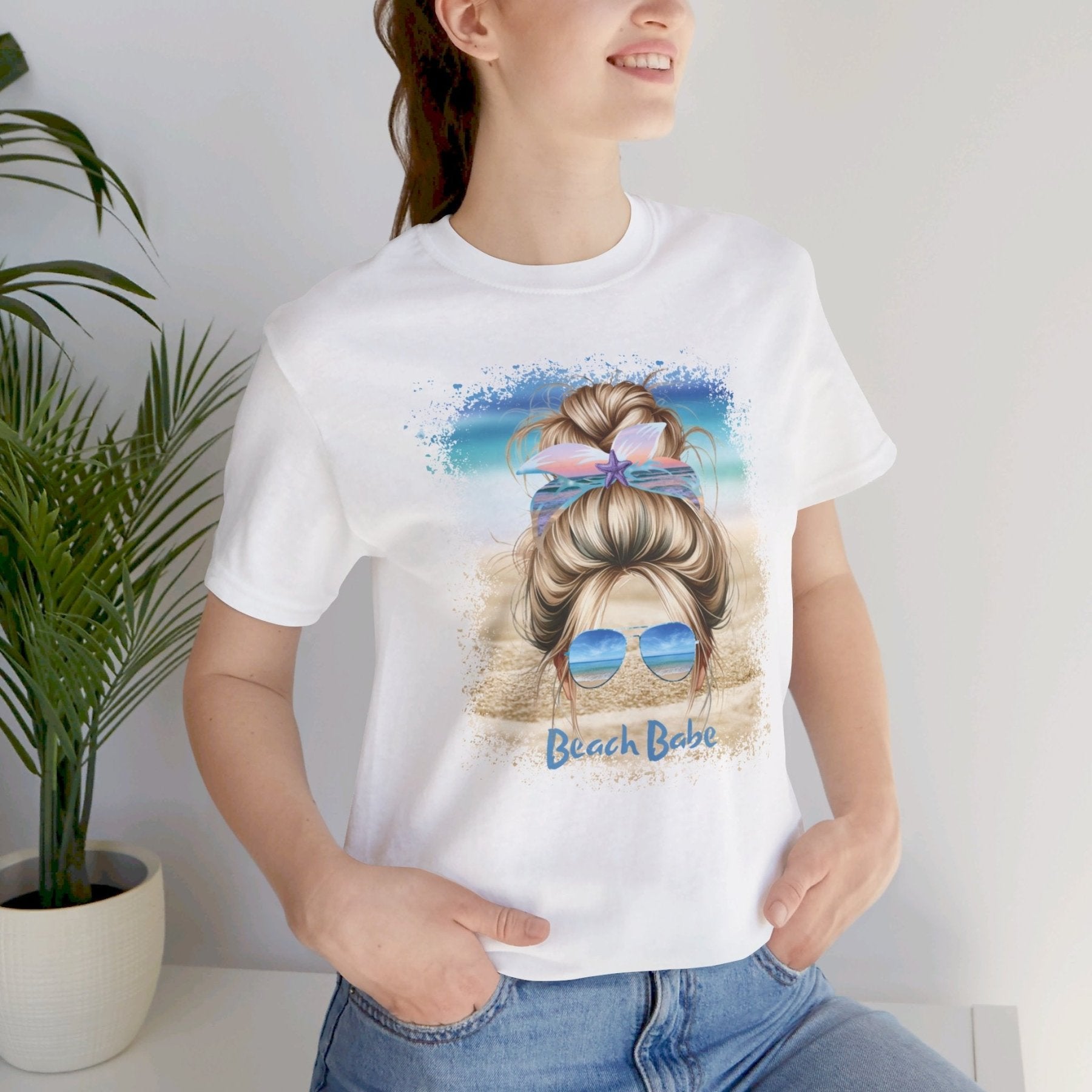 Beach Babe, Blond Hair Messy Bun, Unisex Jersey Short Sleeve Tee - Janlyn's Crafts