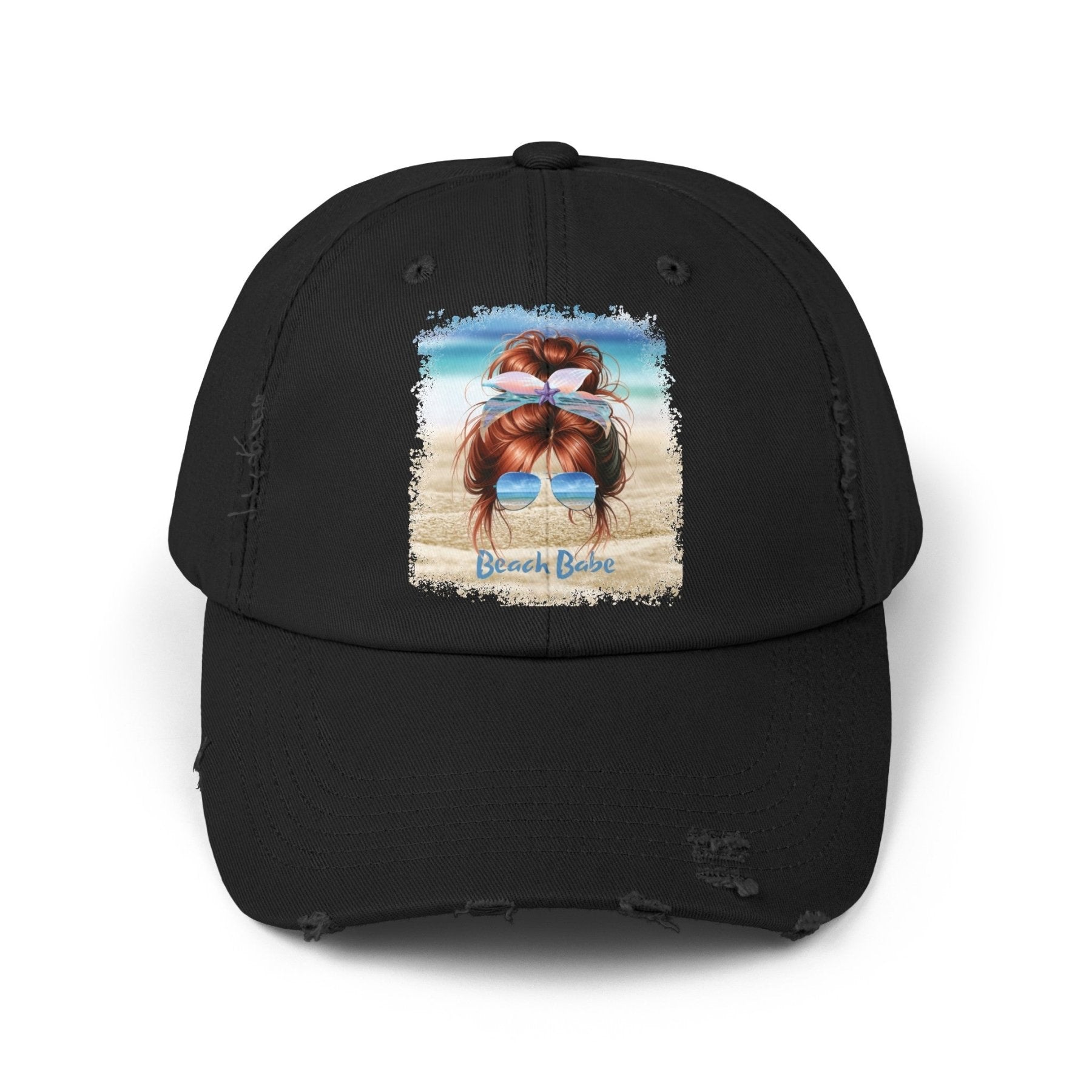 Beach Babe, Red Hair Messy Bun, Unisex Distressed Cap - Janlyn's Crafts