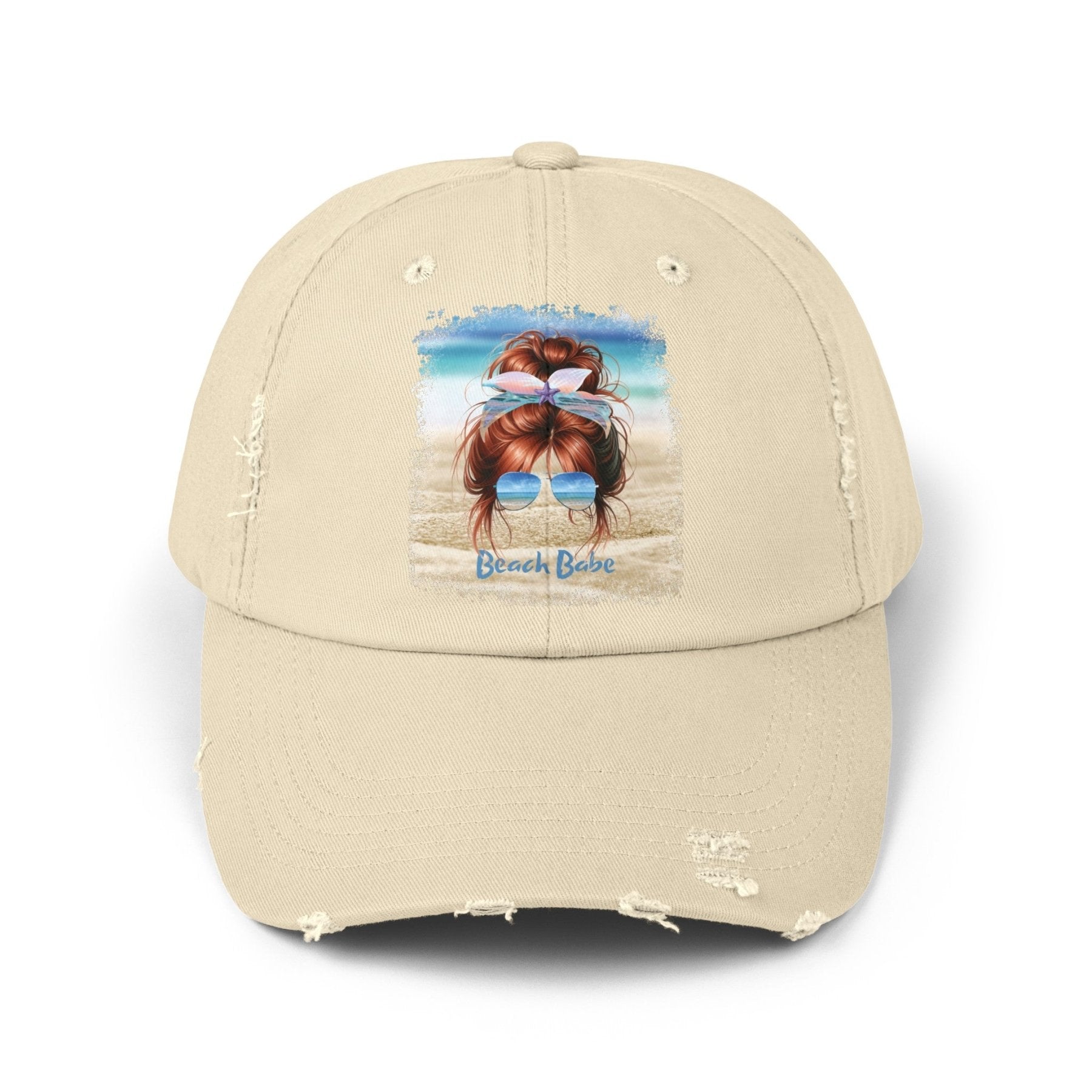 Beach Babe, Red Hair Messy Bun, Unisex Distressed Cap - Janlyn's Crafts