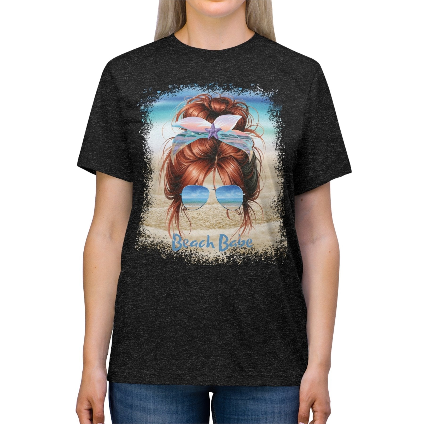 Beach Babe, Red Hair Messy Bun, Unisex Triblend T-Shirt - Janlyn's Crafts