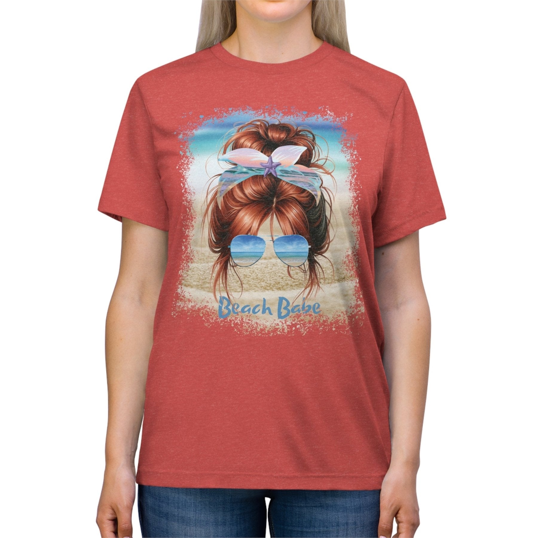 Beach Babe, Red Hair Messy Bun, Unisex Triblend T-Shirt - Janlyn's Crafts