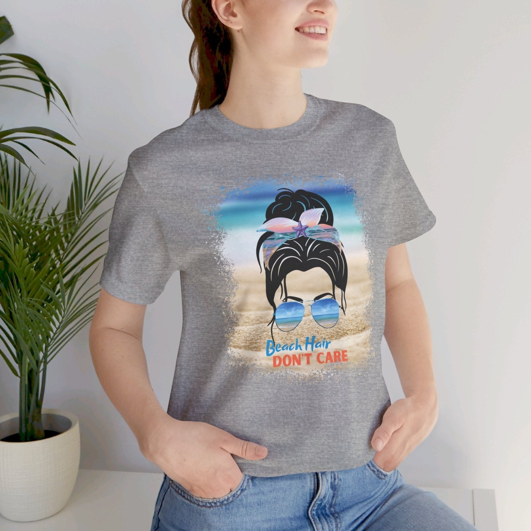 Beach Hair Don't Care, Black Hair Messy Bun, Unisex Jersey Short Sleeve Tee - Janlyn's Crafts