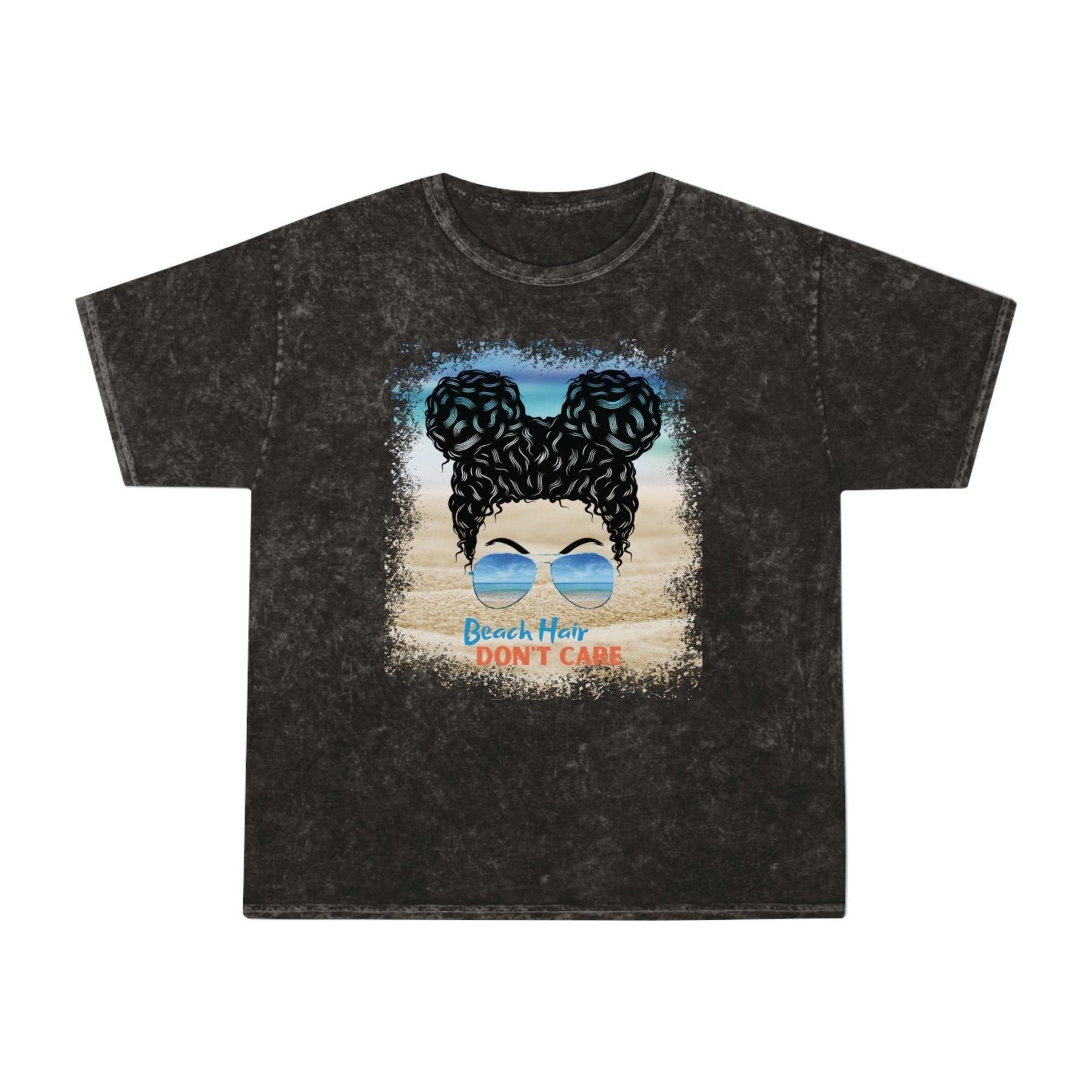 Beach Hair Don't Care Black Hair Messy Bun, Unisex Mineral Wash T-Shirt - Janlyn's Crafts