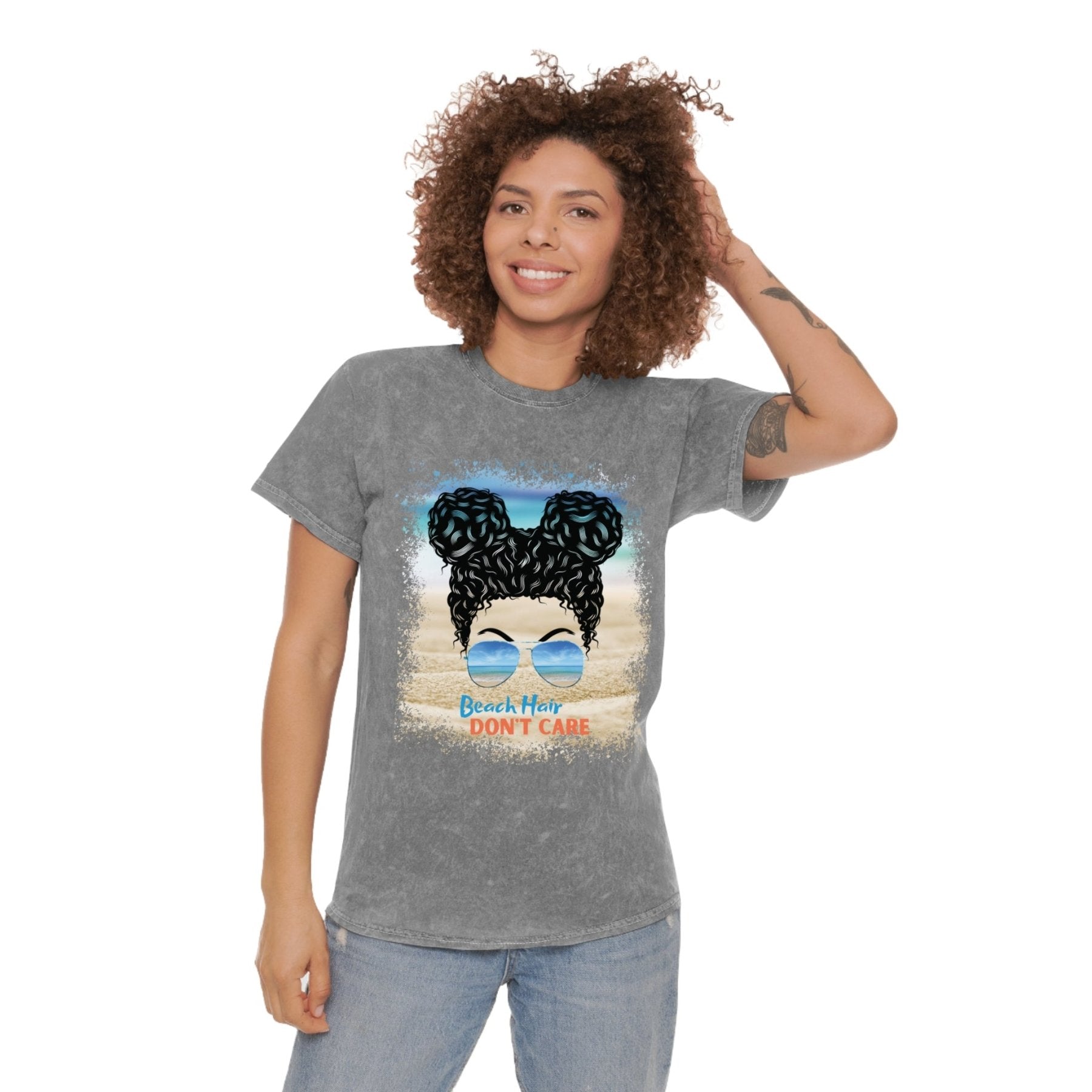 Beach Hair Don't Care Black Hair Messy Bun, Unisex Mineral Wash T-Shirt - Janlyn's Crafts