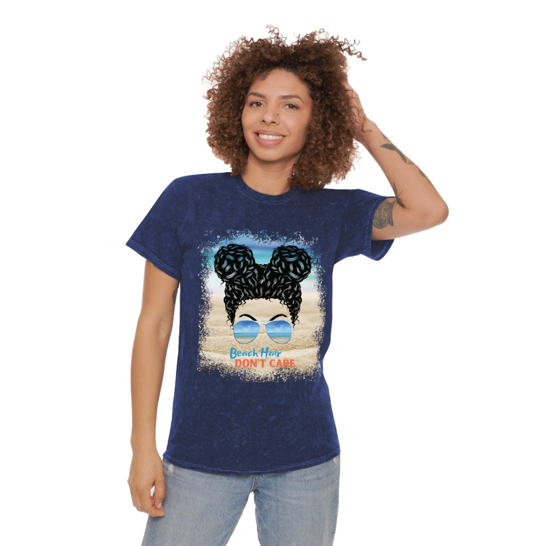 Beach Hair Don't Care Black Hair Messy Bun, Unisex Mineral Wash T-Shirt - Janlyn's Crafts