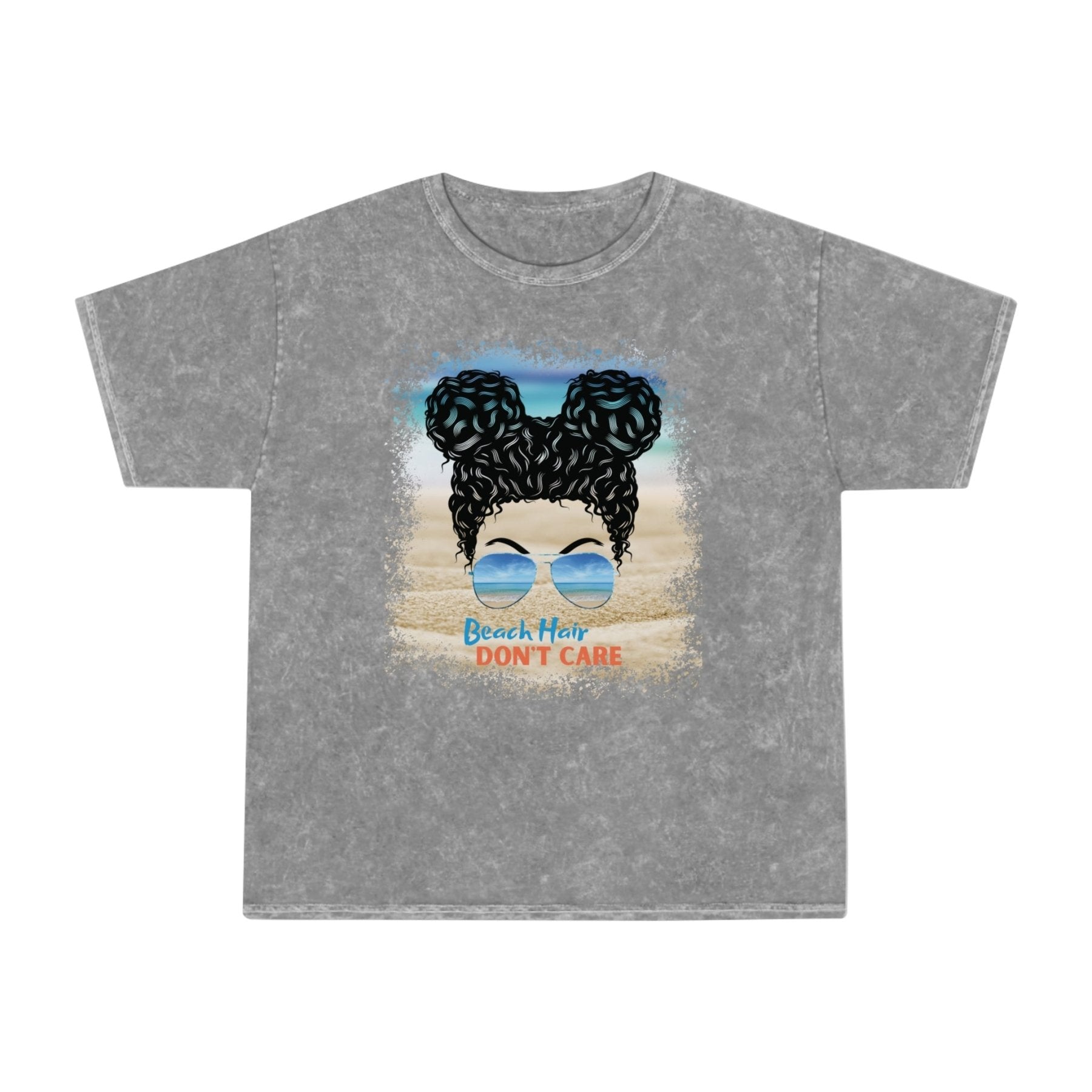 Beach Hair Don't Care Black Hair Messy Bun, Unisex Mineral Wash T-Shirt - Janlyn's Crafts