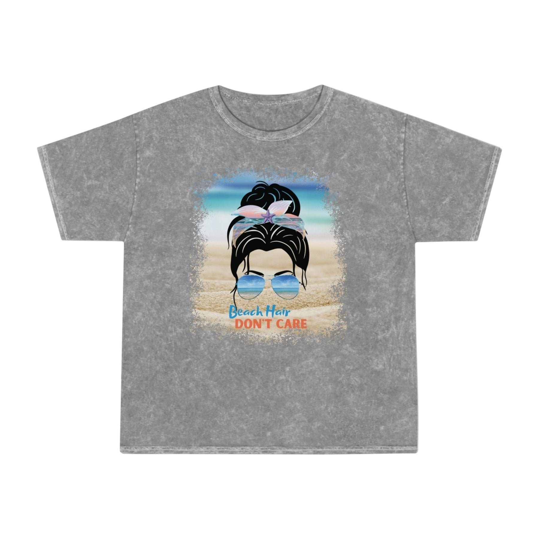 Beach Hair Don't Care Black Hair Messy Bun, Unisex Mineral Wash T-Shirt - Janlyn's Crafts